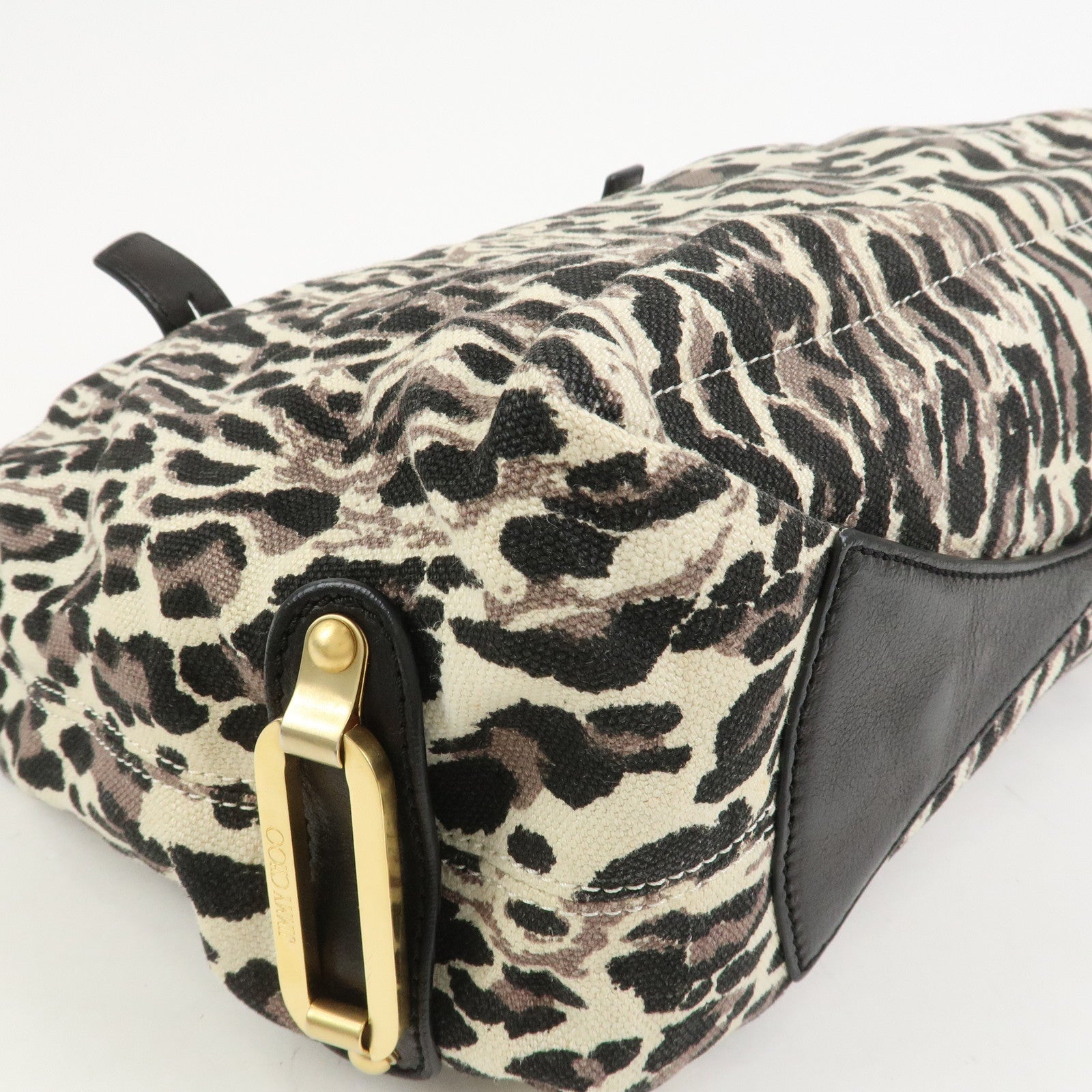 JIMMY CHOO Leopard Canvas Leather Tote Bag Shoulder Bag Ivory Black
