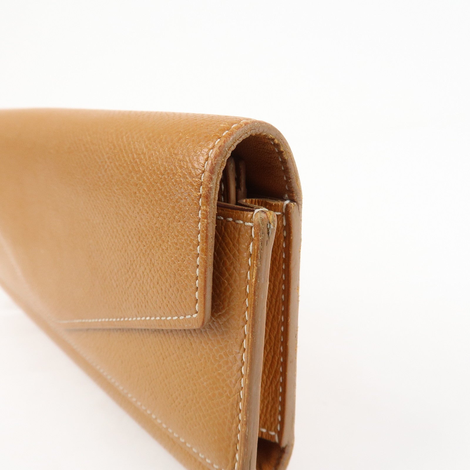 HERMES Logo Leather Passant X Stamped Flap Long Wallet Brown