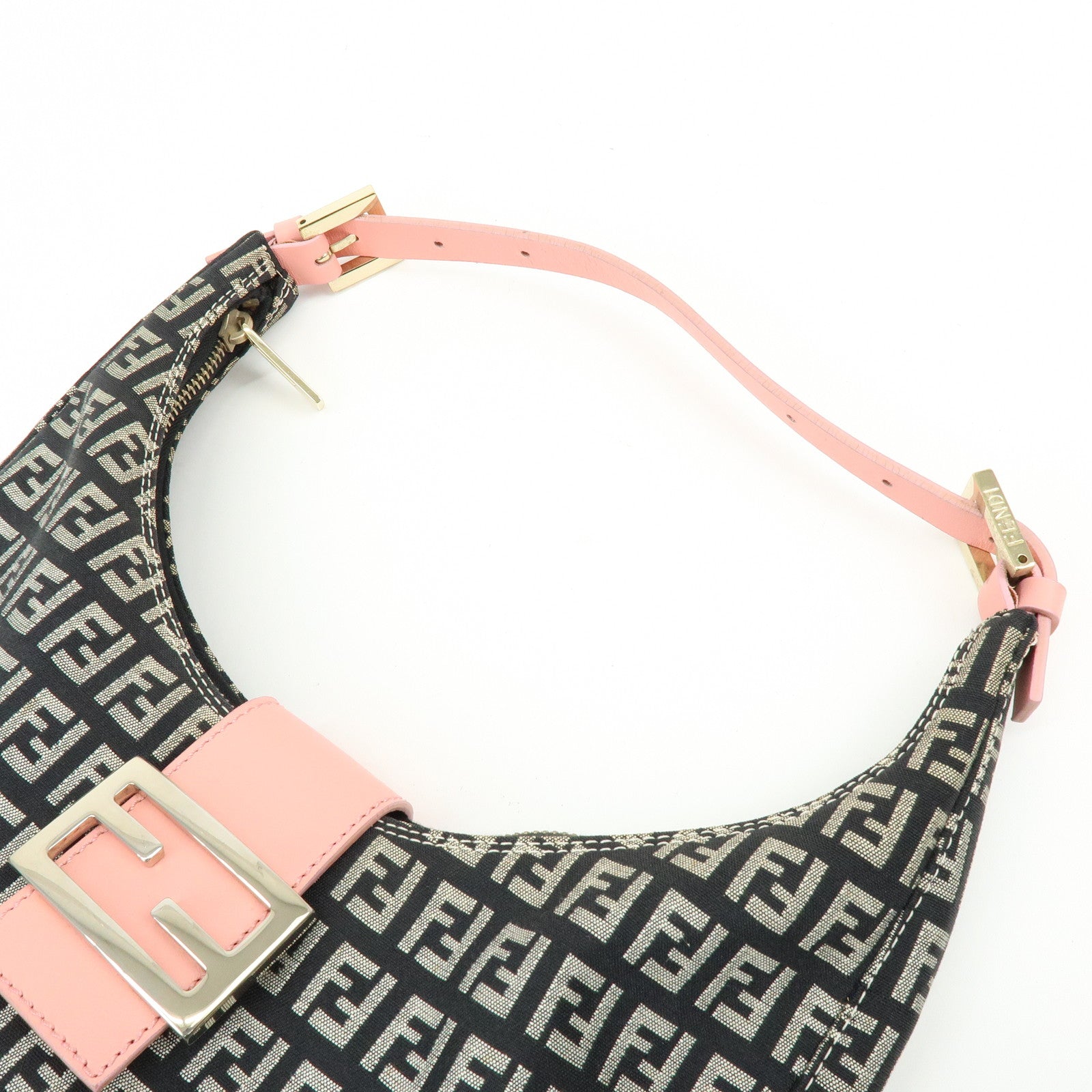 FENDI Zucchino Canvas Leather Shoulder Bag Black Pink 8BR020