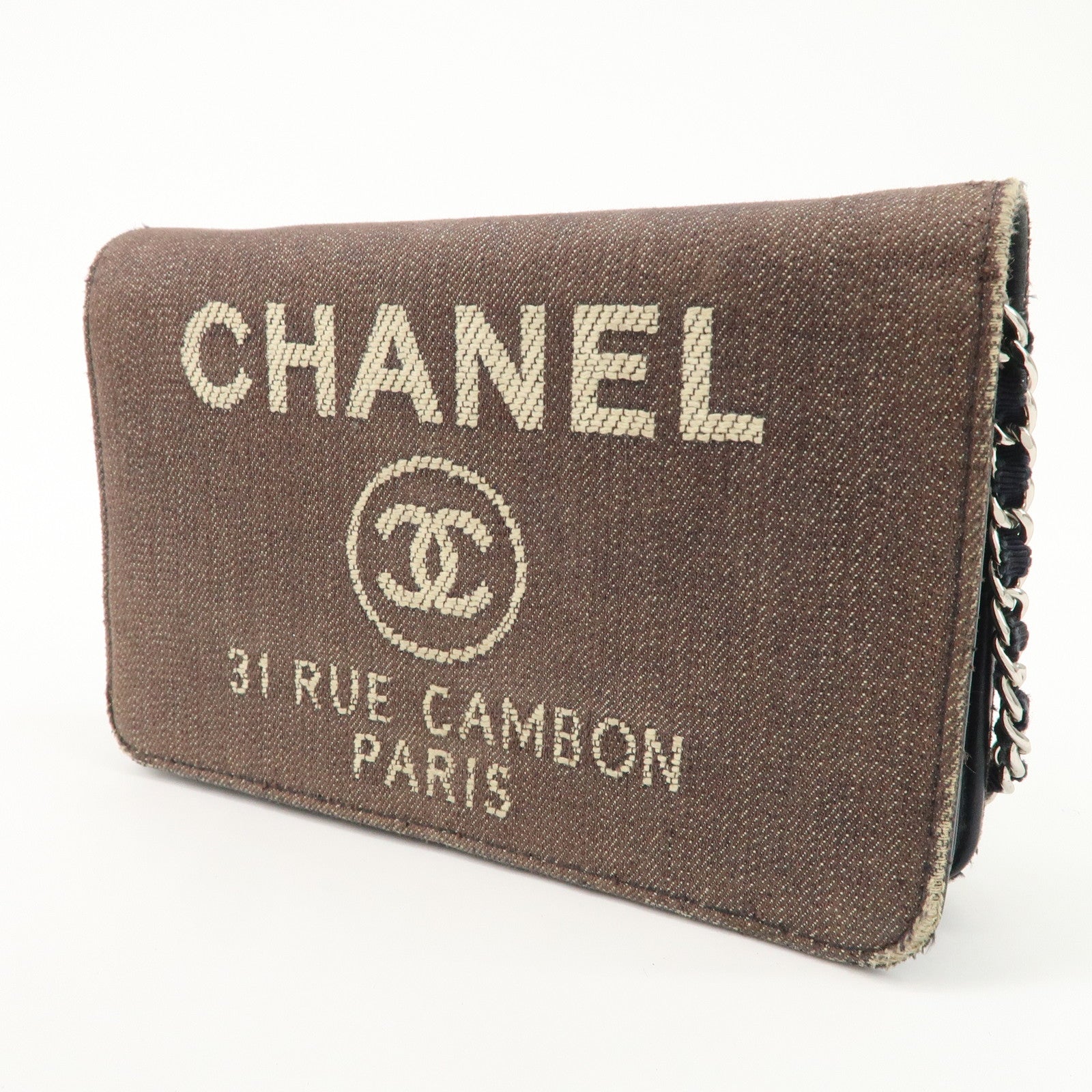 CHANEL Deauville Denim Chain Wallet Navy Brown Silver HDW A80795 Used