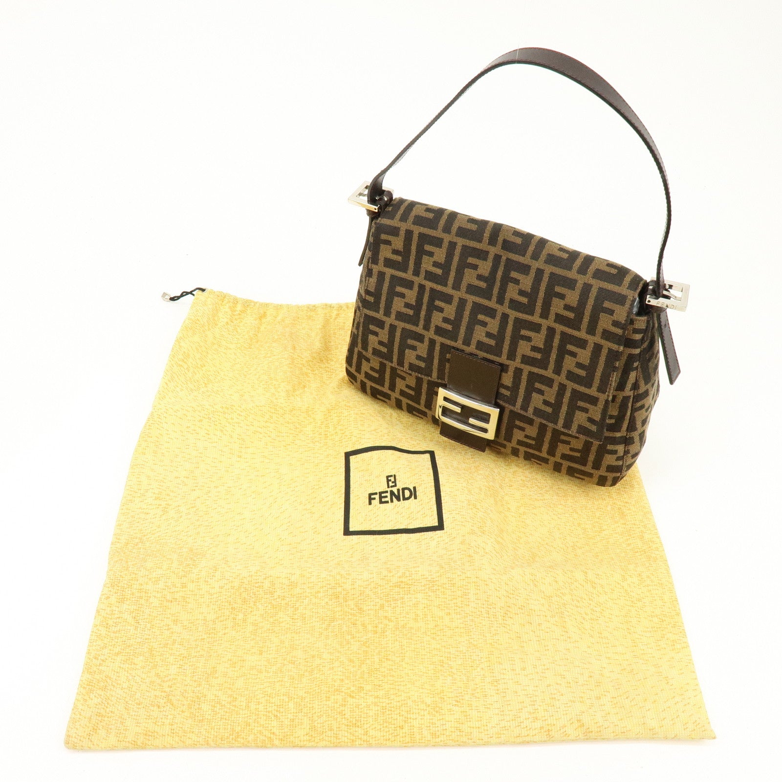 FENDI Mamma Baguette Zucca Canvas Leather Shoulder Bag Brown 26325