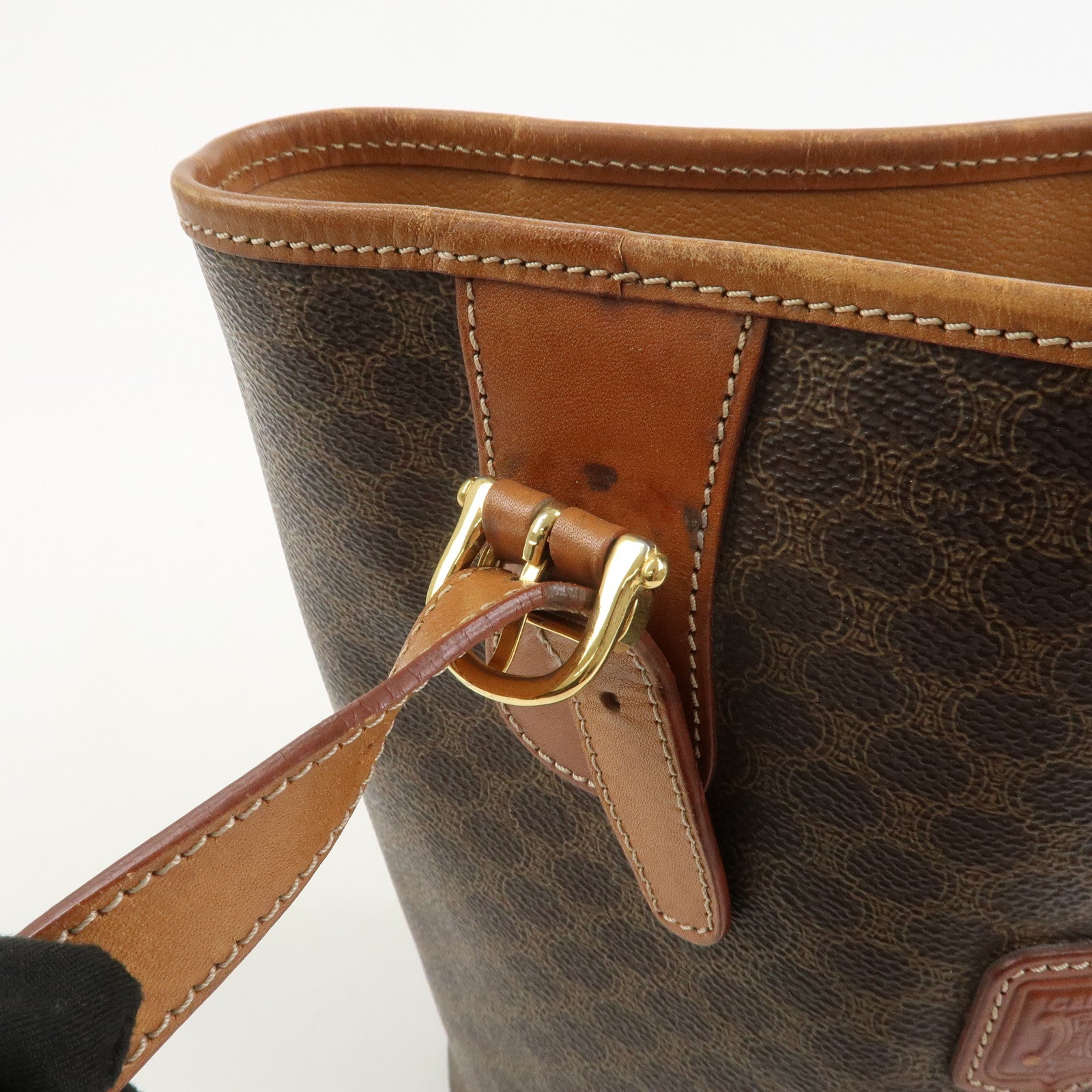 CELINE Macadam PVC Canvas Leather Tote Bag Hand Bag Brown