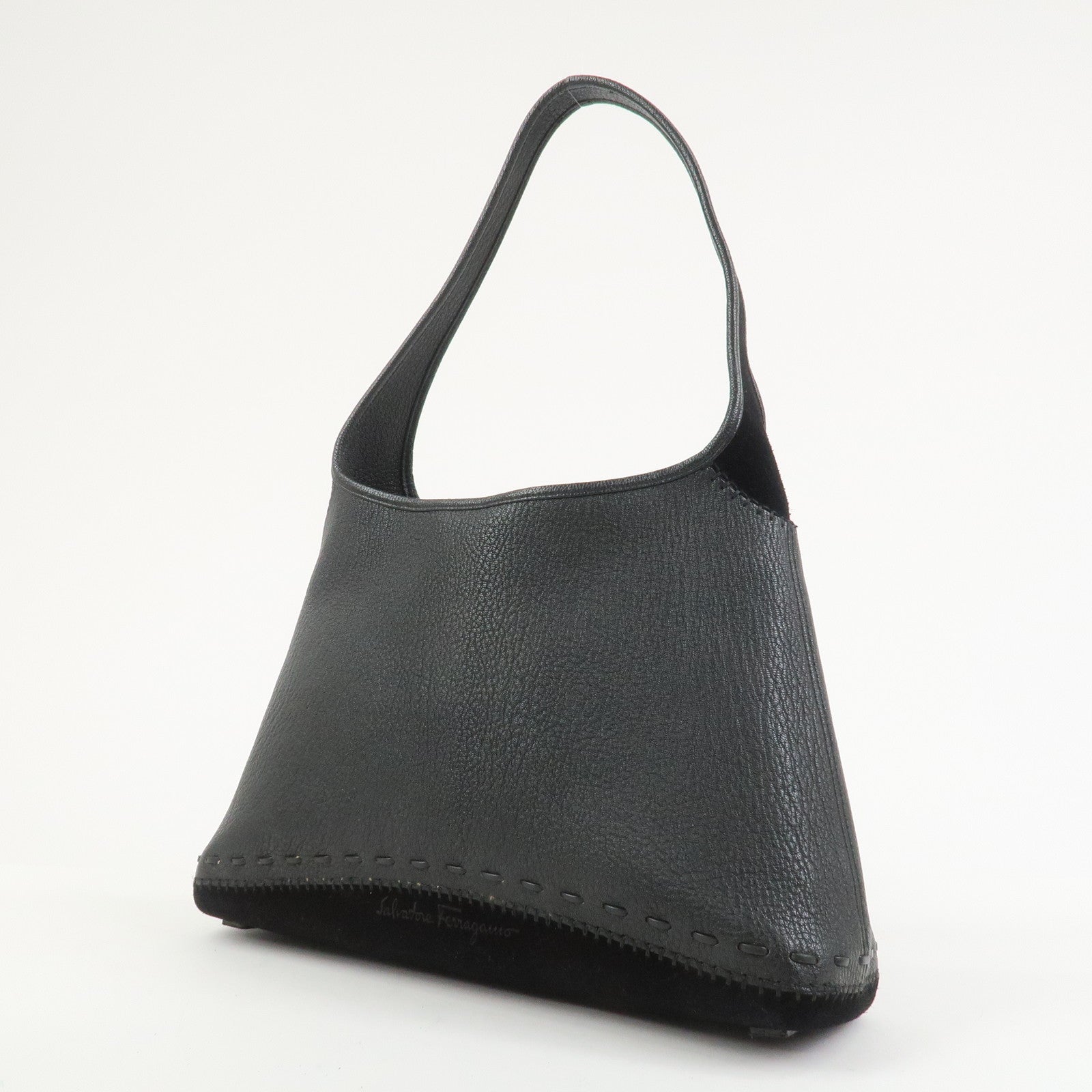 Ferragamo Leather Suede Shoulder Bag Hand Bag Black