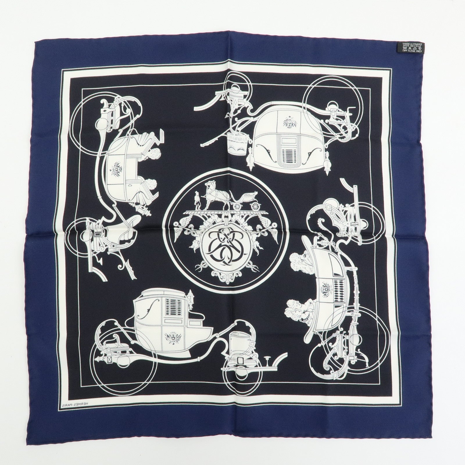 HERMES Carre 42 Silk 100% Ex-Libris Fringe Scarf Black Navy
