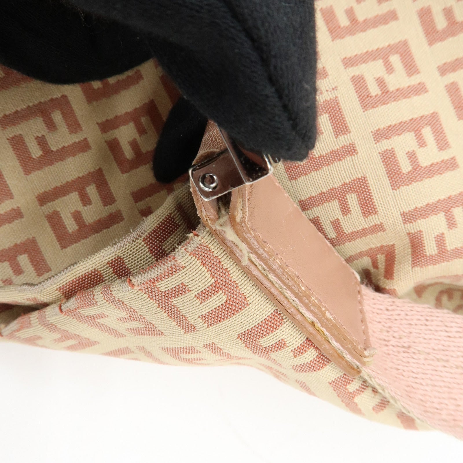 FENDI Zucchino Canvas Leather Shoulder Bag Beige Pink 8BR318
