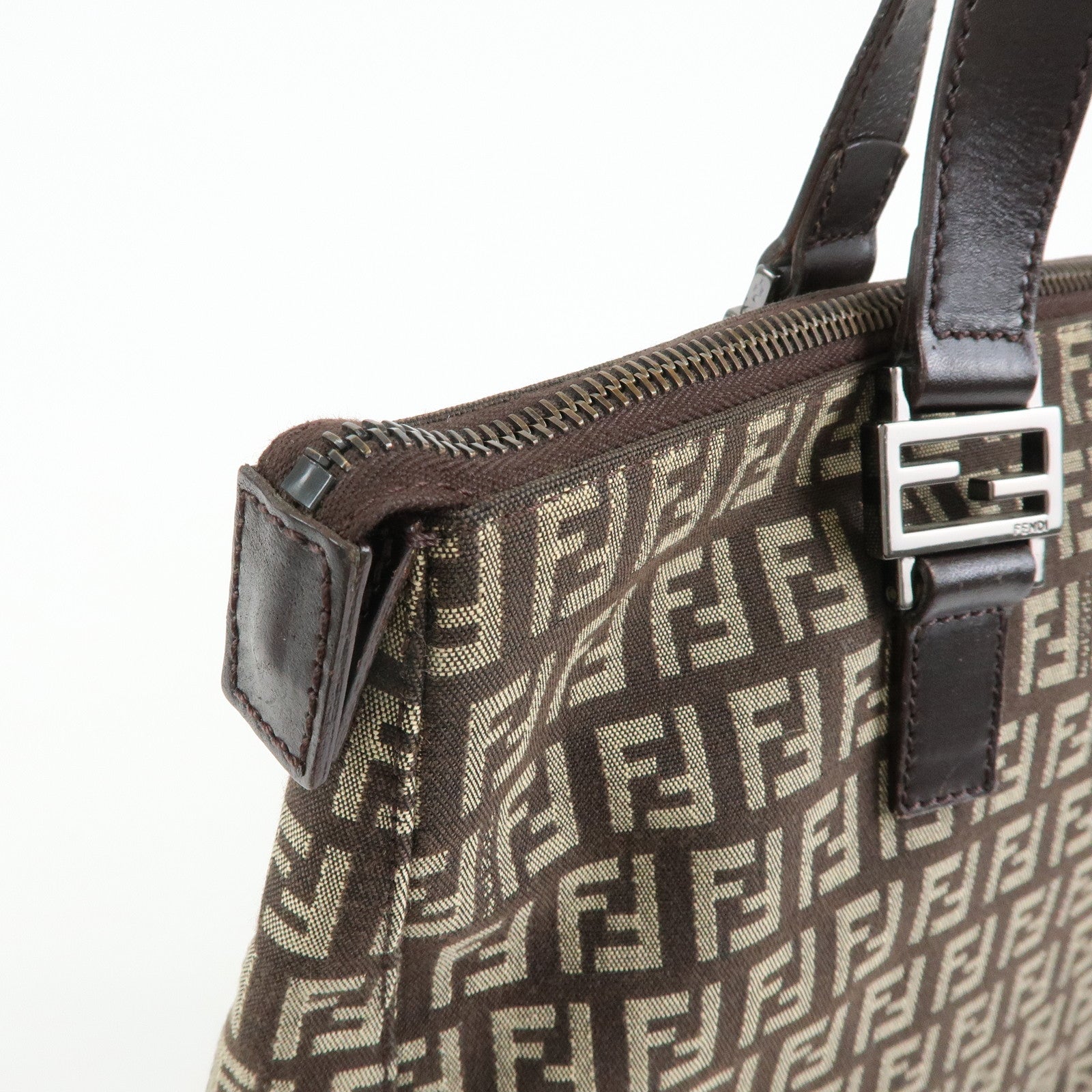 FENDI Zucchino Canvas Leather Tote Bag Hand Bag Brown 8BH138