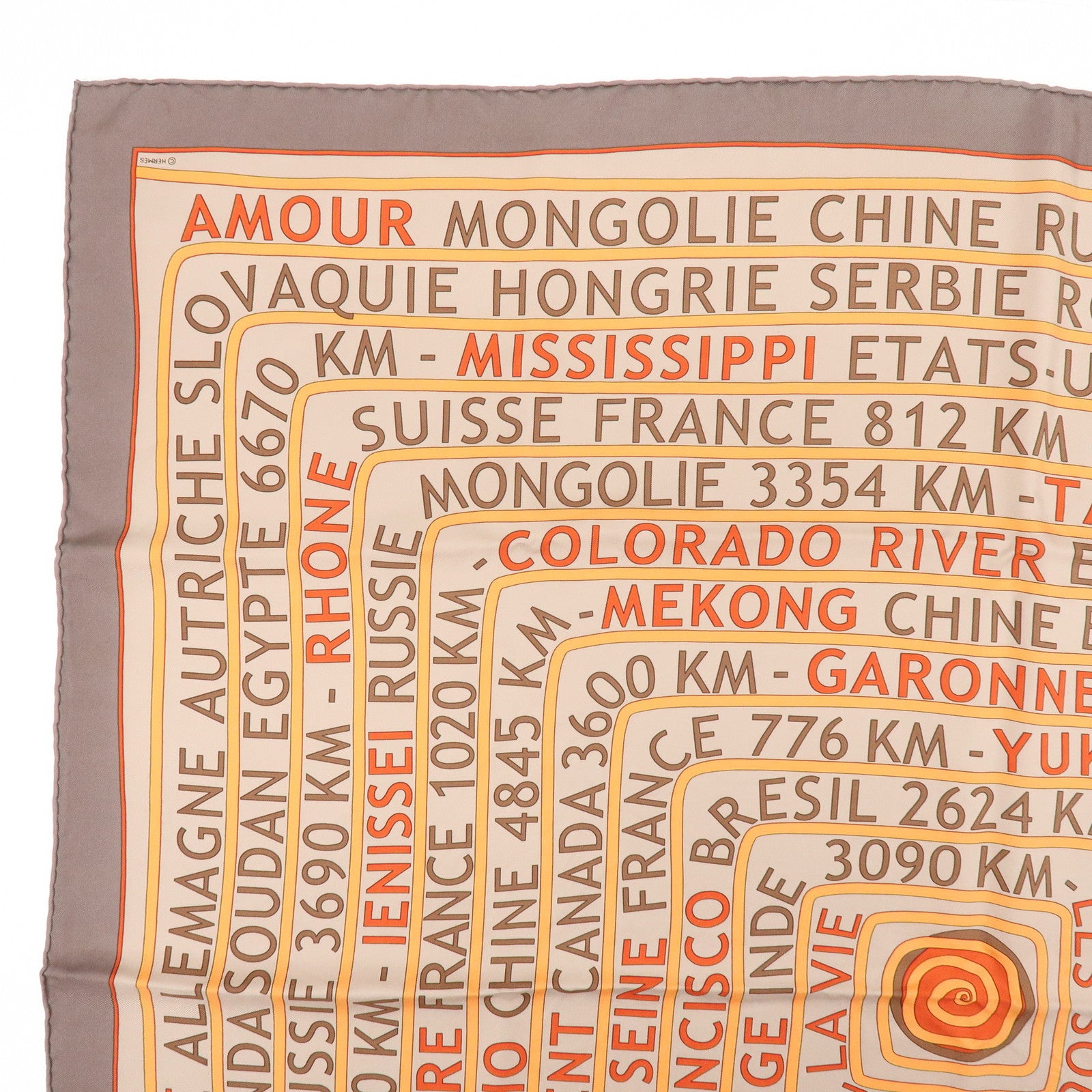 HERMES Carre 90 Silk 100% Scarf LES SOURCES DE LA VIE Brown Orange