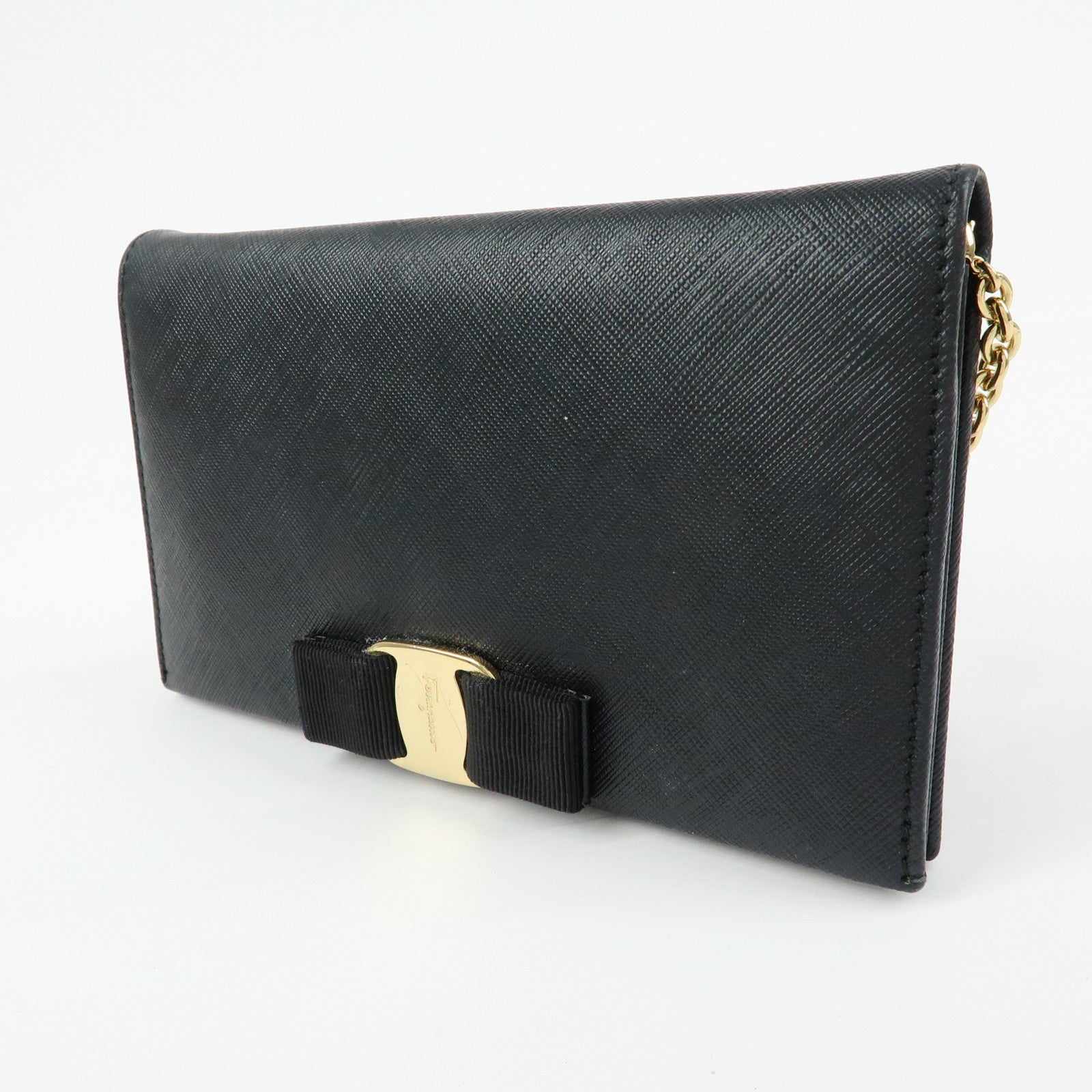 Ferragamo Vara Ribbon Leather Chain Wallet Shoulder Bag Black