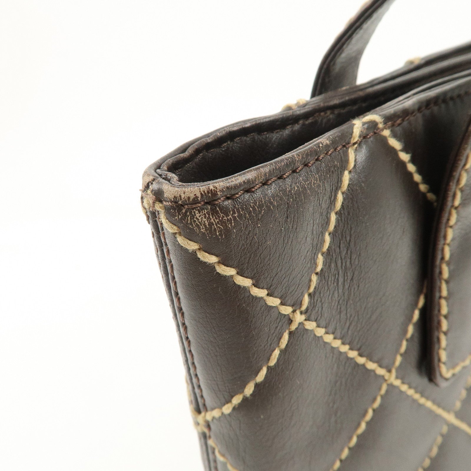 CHANEL COCO Mark Wild Stitch Leather Tote Bag Hand Bag Brown A18126 Used