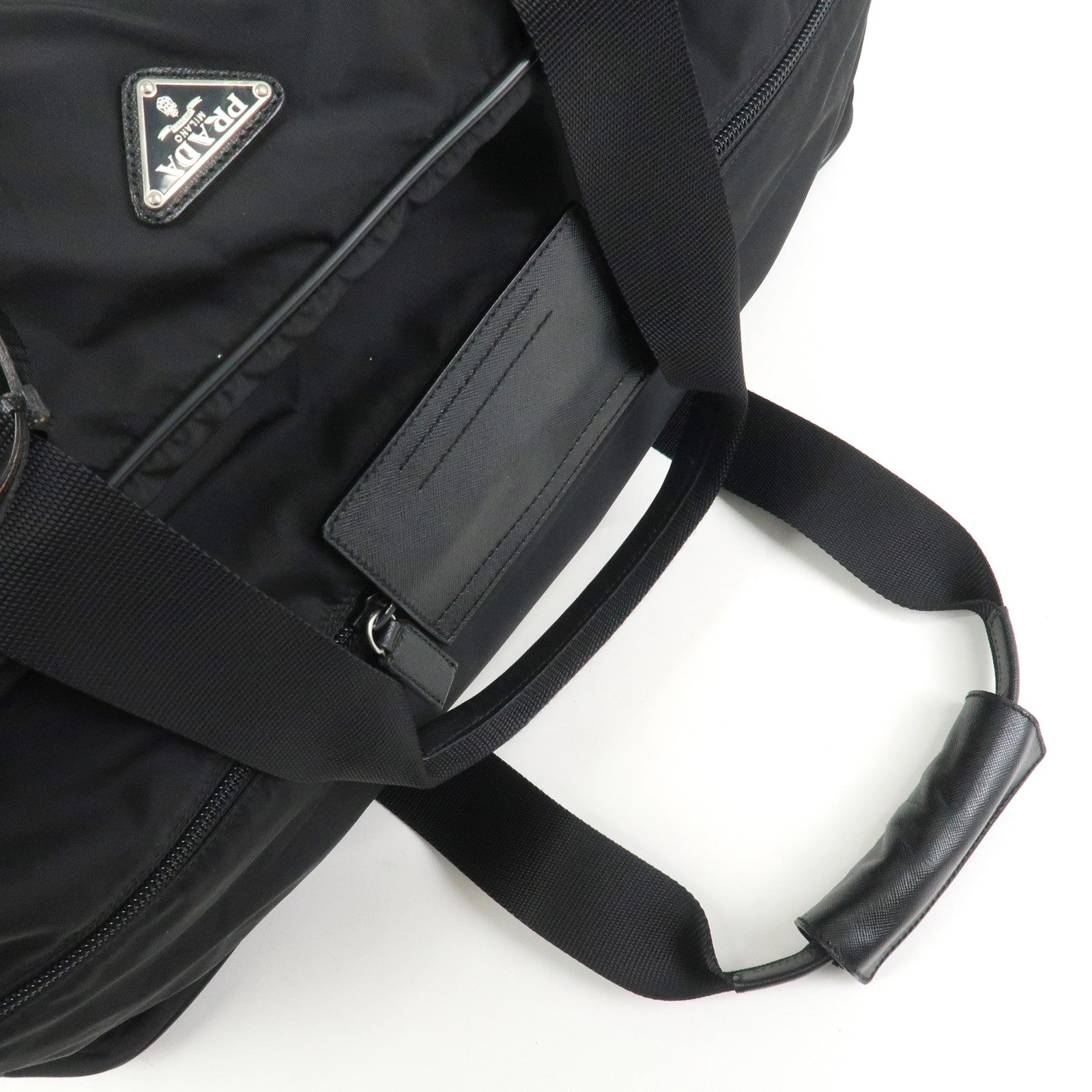 PRADA Triangle Logo Nylon Saffiano Leather Boston Bag Hand Bag