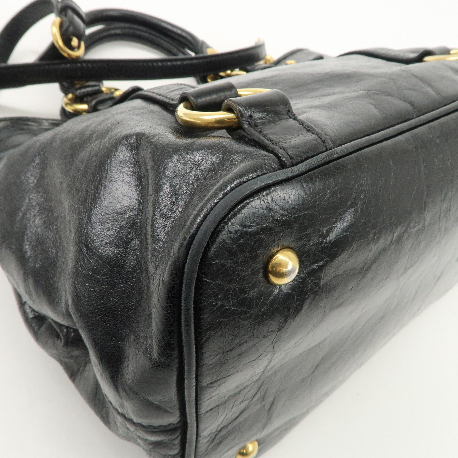 MIUMIU Logo Leather 2WAY Hand Bag Black Gold Hardware RN0685 Used