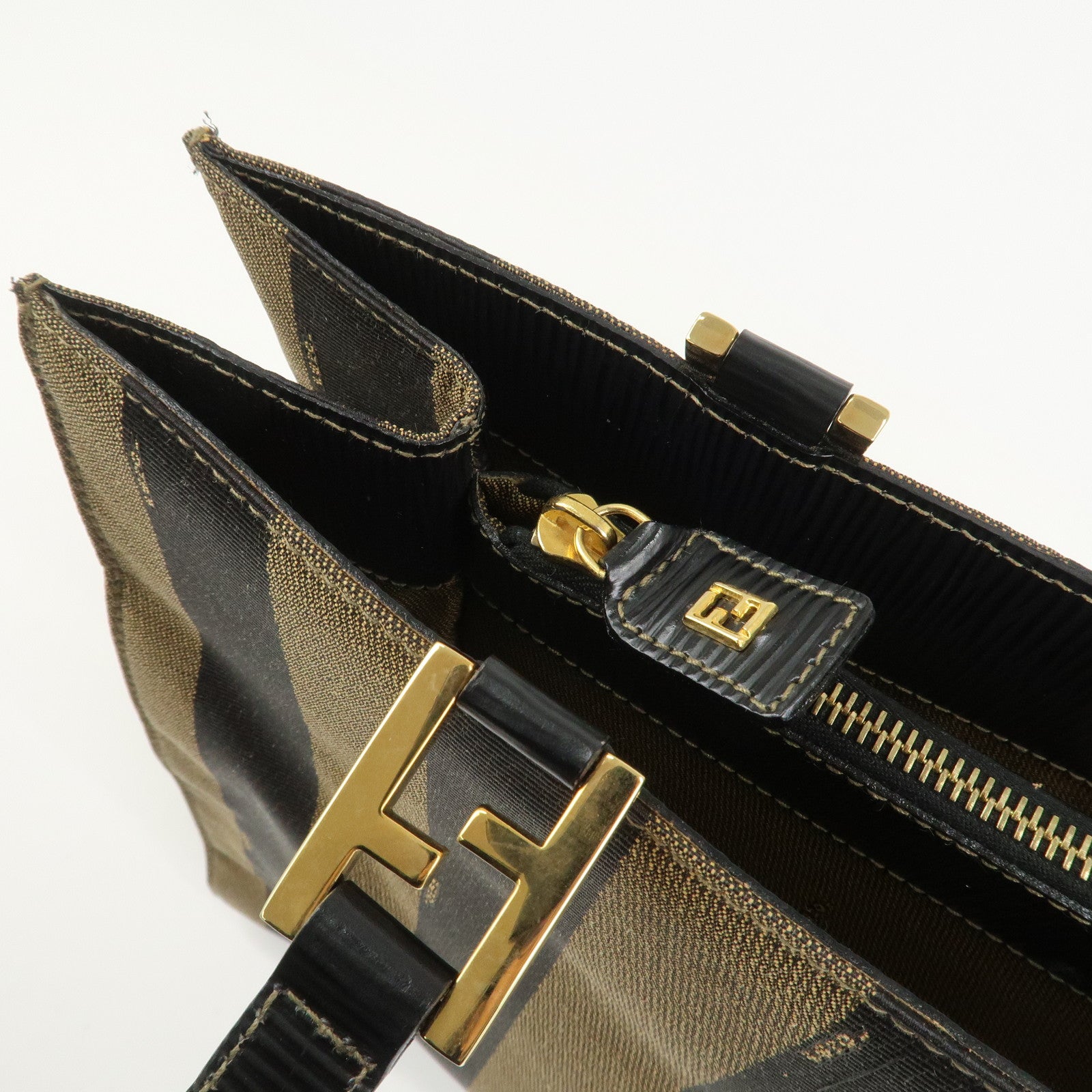 FENDI Pequin Canvas Leather Tote Bag Shoulder Bag Black Brown 26397