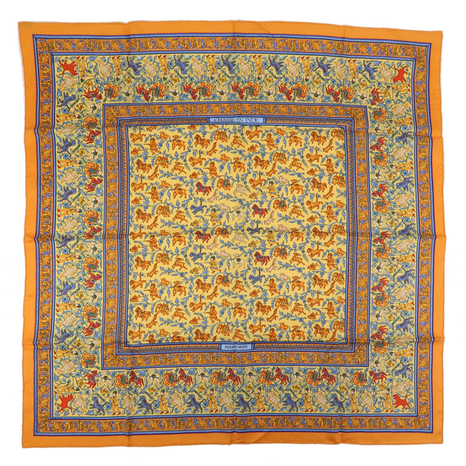 HERMES Carre 90 Silk 100% Scarf CHASSE EN INDE Orange Multicolor