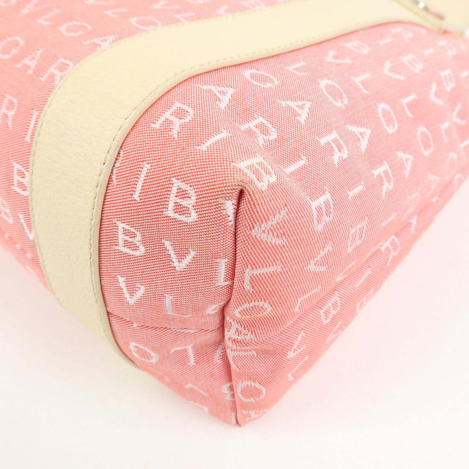 BVLGARI Logo Mania Canvas Leather Hand Bag Tote Bag Pink Ivory