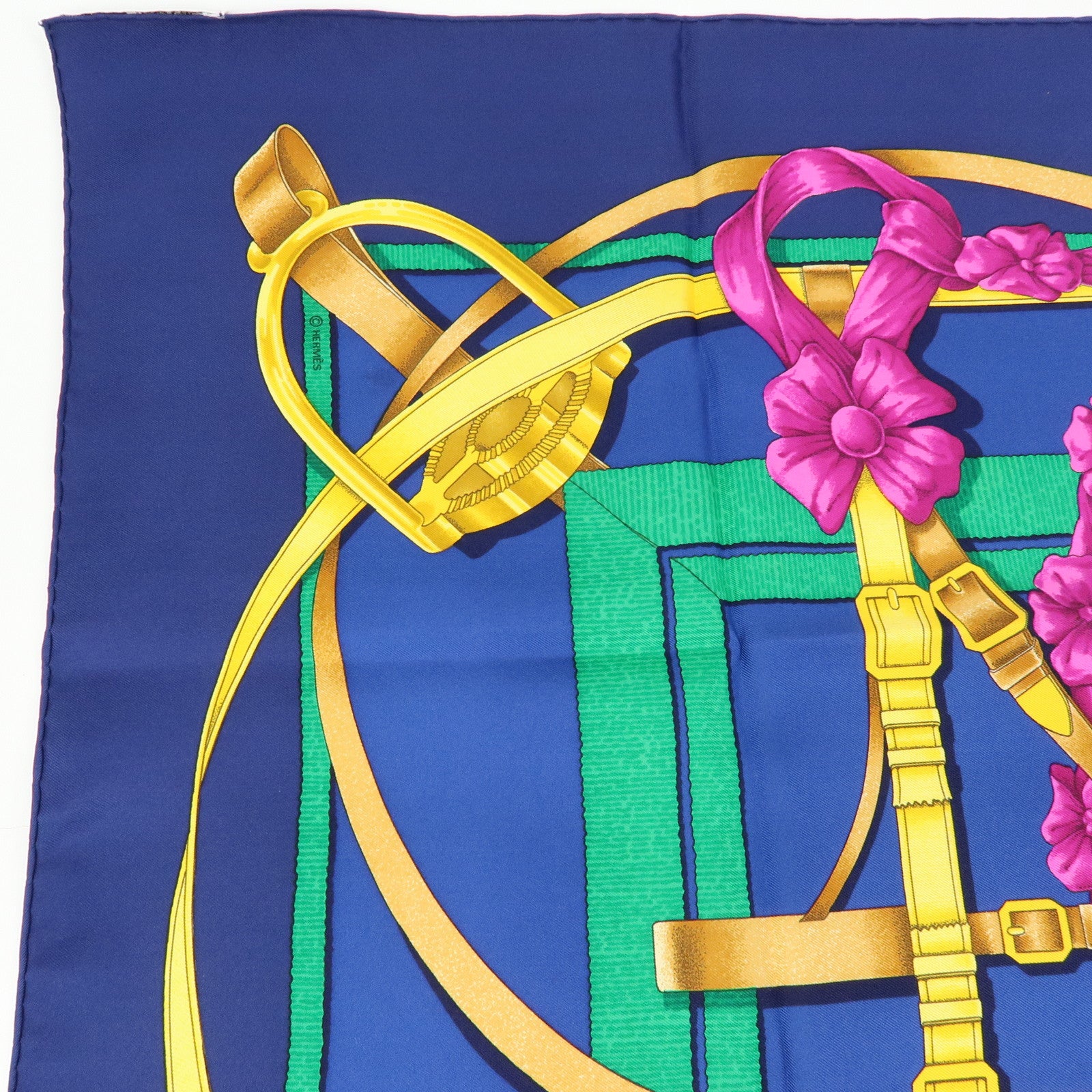 HERMES Carre 90 Silk 100% Scarf Grand Manege Detail Blue Gold
