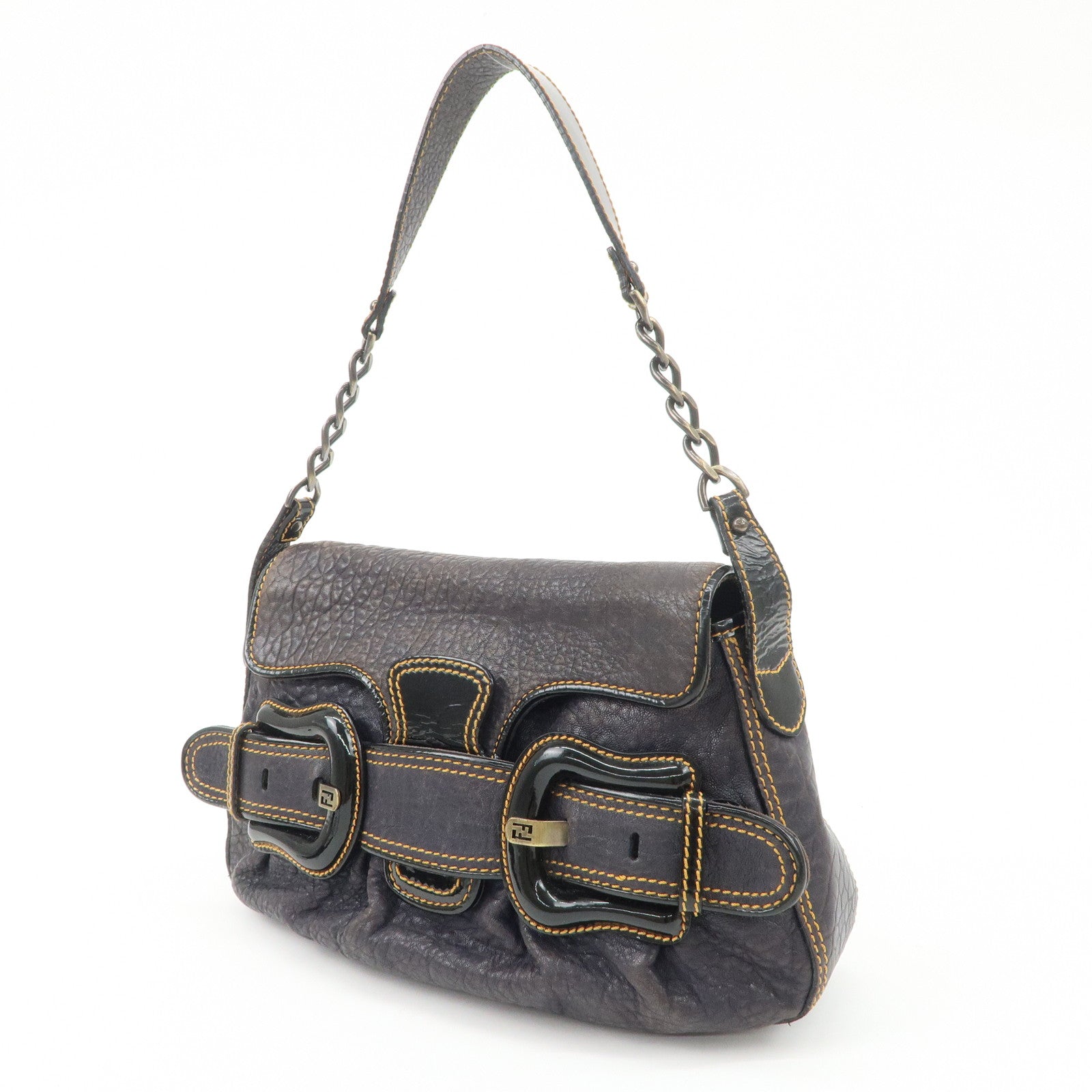 FENDI Leather Patent Leather shoulder Bag Belt Navy 8BR551