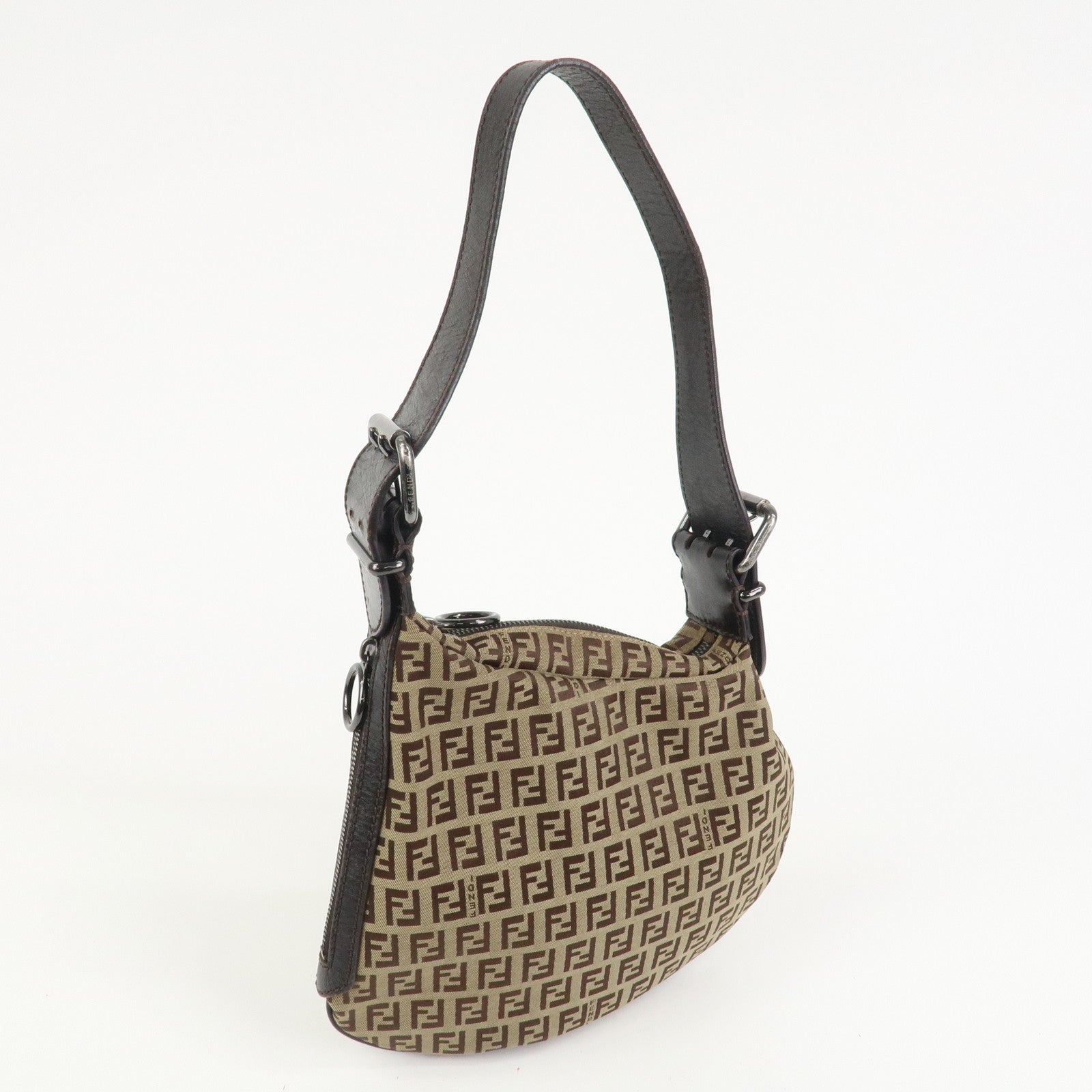 FENDI Zucchino Canvas Leather Shoulder Bag Hand Bag Brown