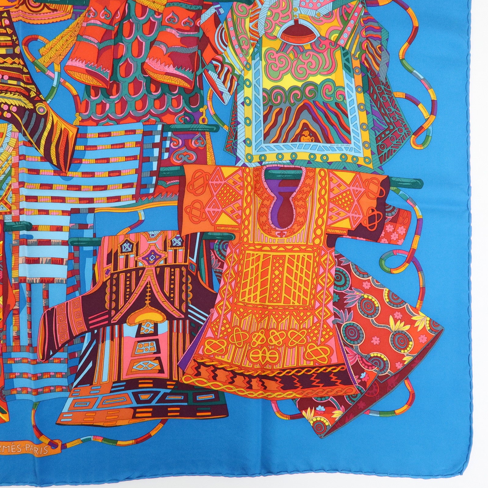 HERMES Carre 90 Silk 100% Scarf VOYAGE EN ETOFFES Blue Orange Pink
