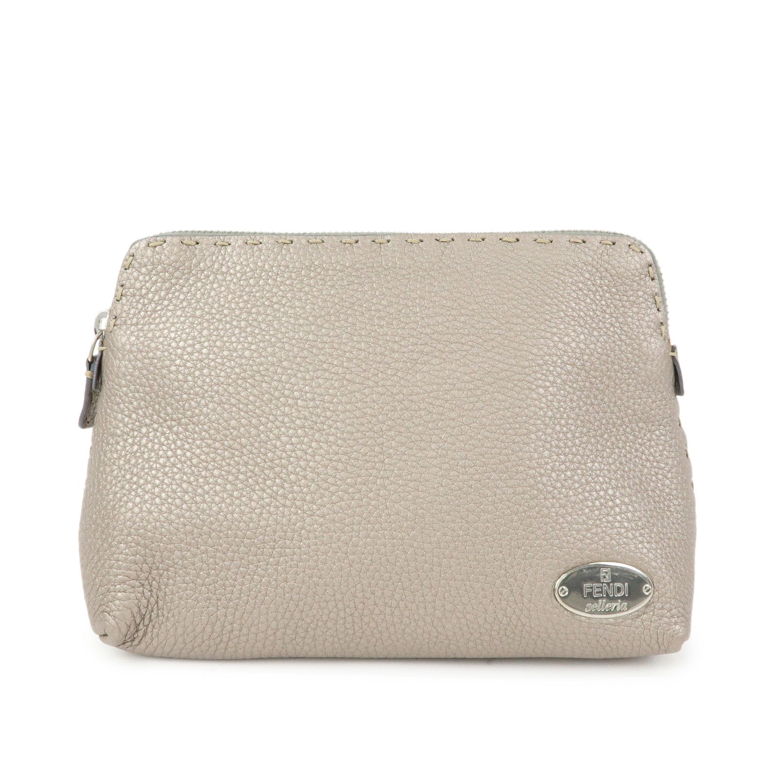FENDI Selleria Leather Pouch Cosmetic Pouch Gray