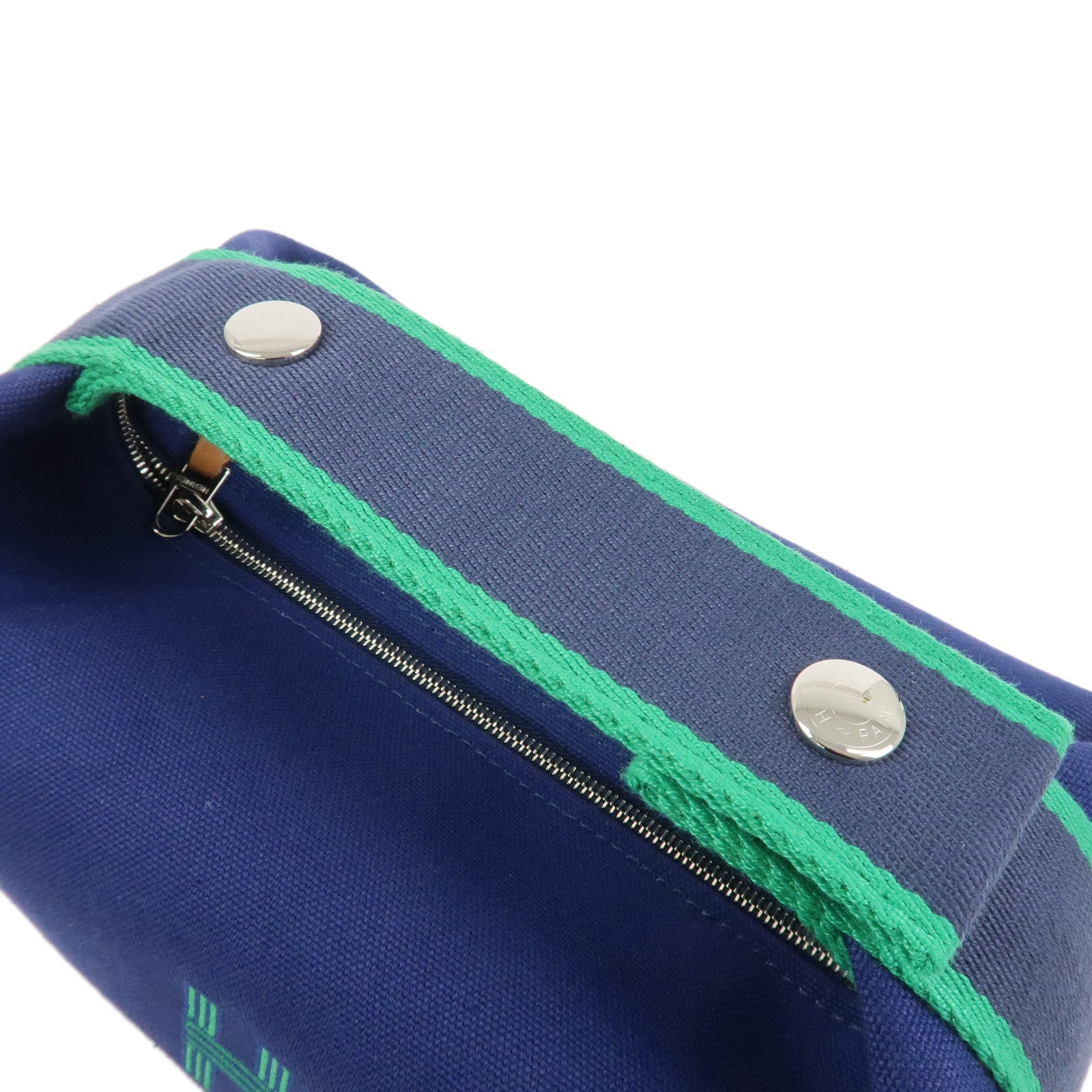 HERMES Bride A Brac PM Canvas Leather Hand Bag Pouch Navy Green