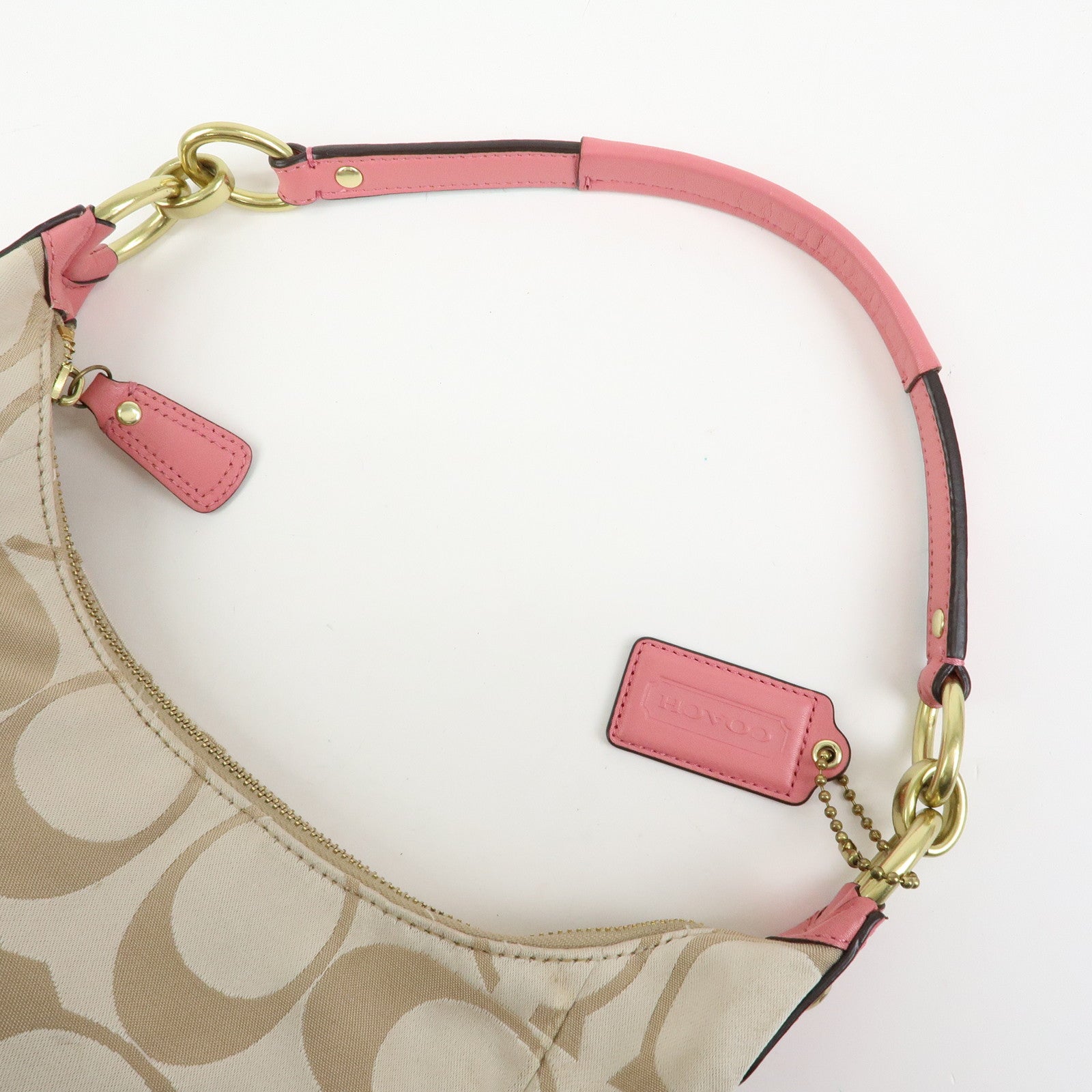 COACH Signature Nylon Leather 2Way Shoulder Bag Hand Bag Beige Pink