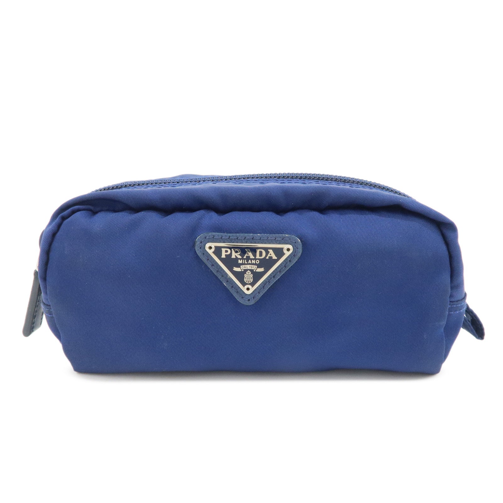 PRADA Triangle Logo Nylon Leather Cosmetic Pouch Blue 1N0175