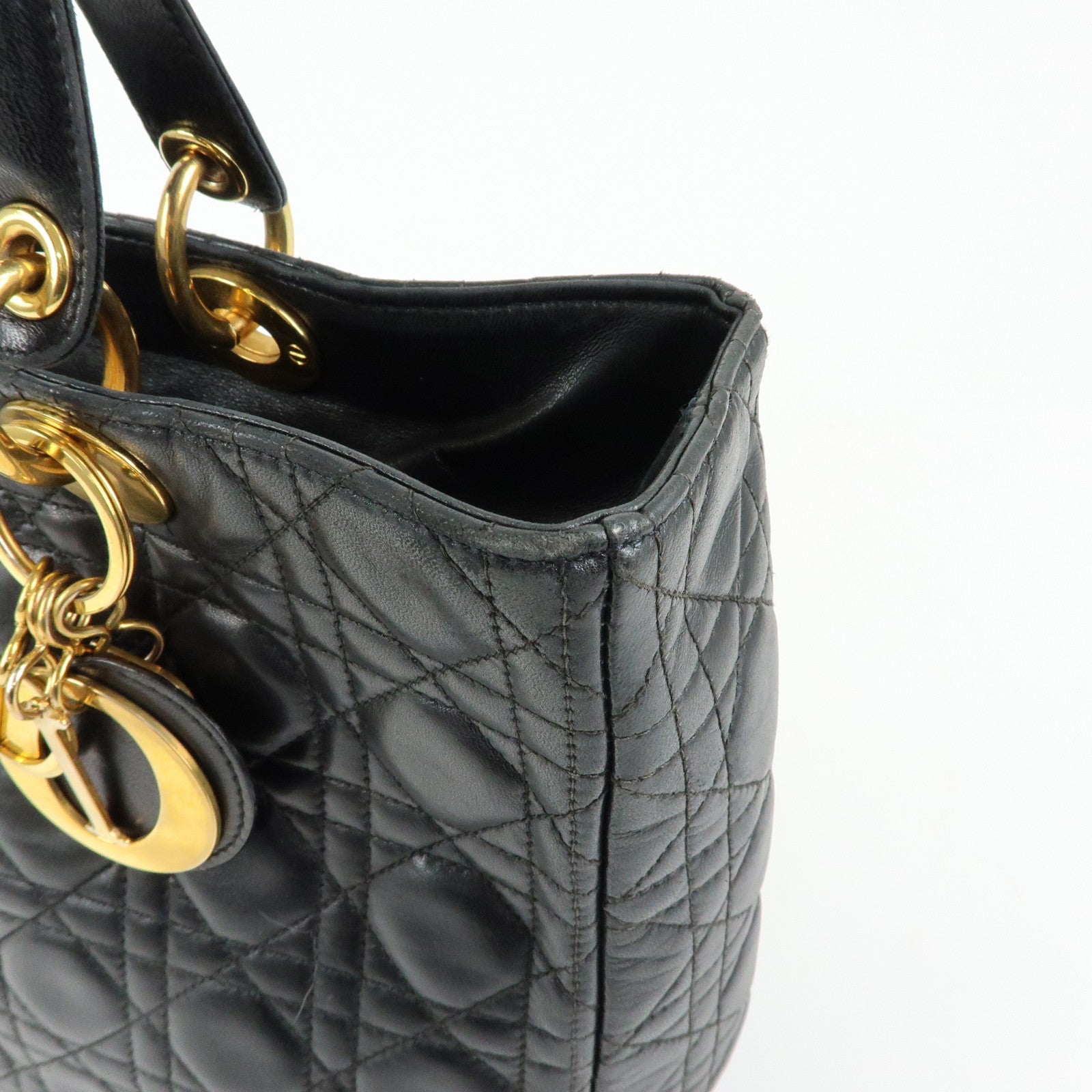 Christian Dior Canage Lady Dior Lamb Skin Hand Bag Black