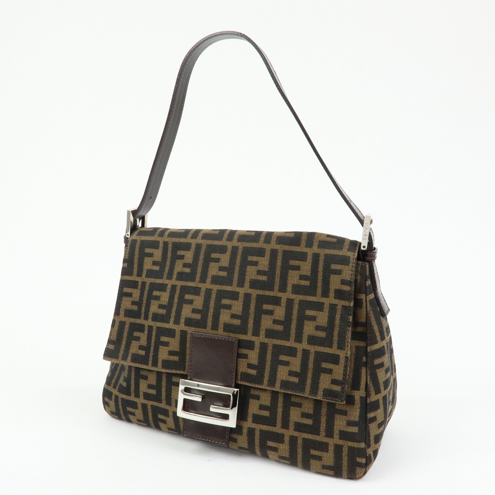 FENDI Mamma Baguette Zucca Canvas Leather Shoulder Bag Brown 26325