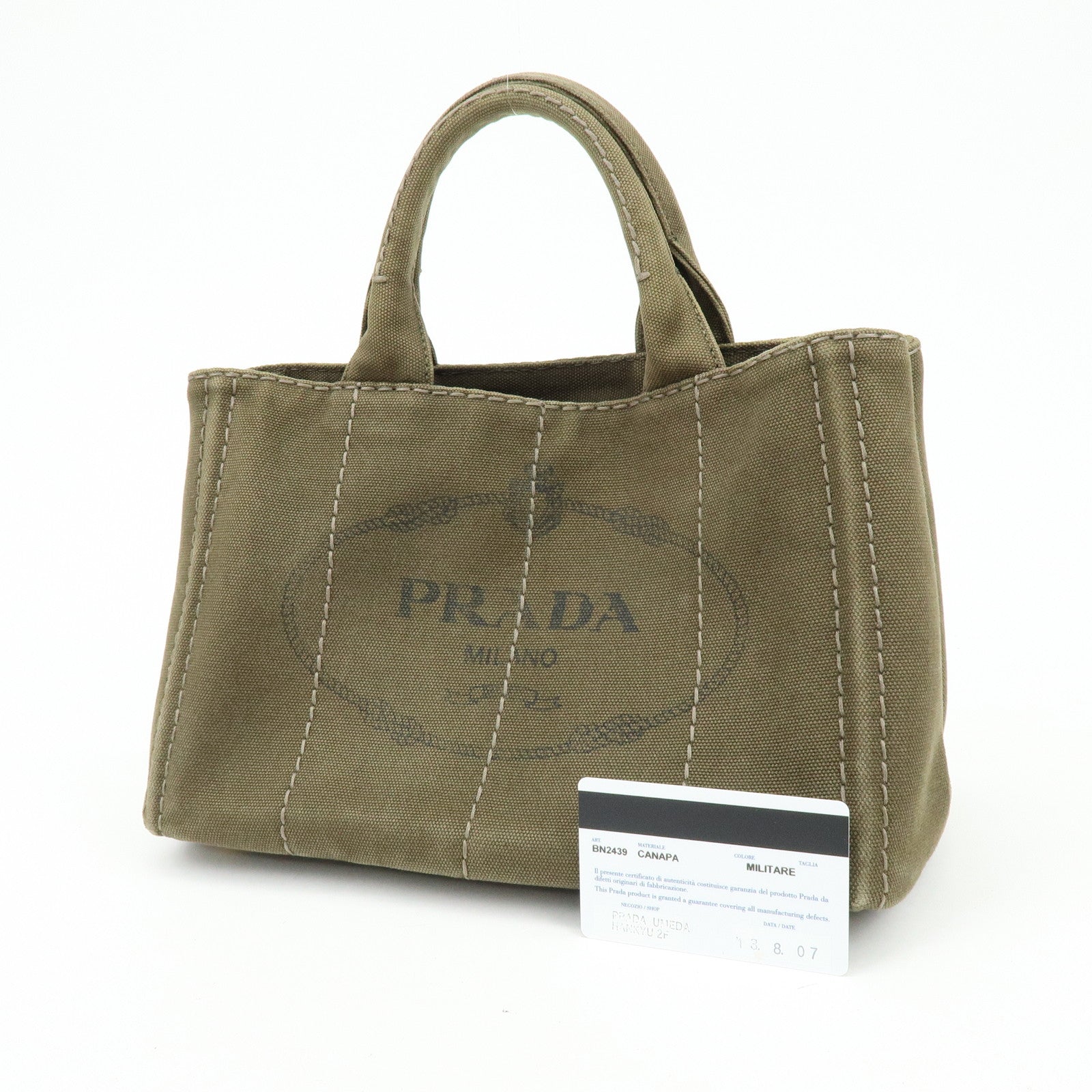 PRADA Canapa Mini Triangle Logo Canvas Tote Hand Bag Khaki BN2439