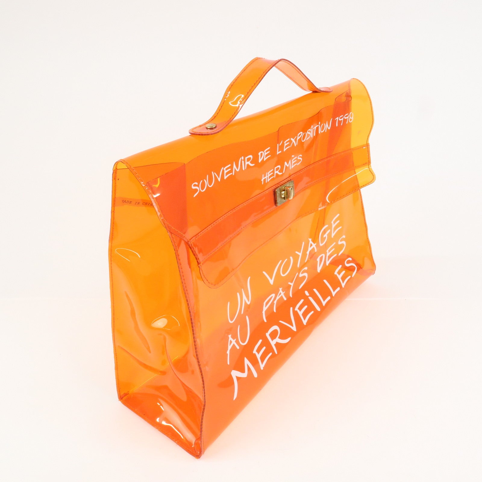 HERMES Kelly Vinyl Hand Bag Clear Transparent Orange