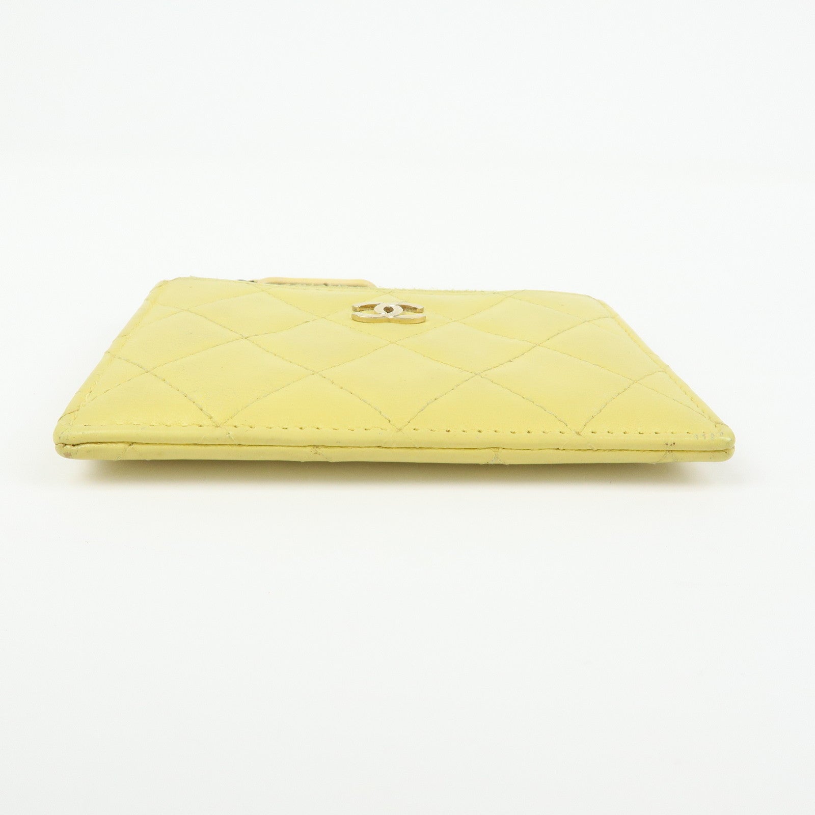 CHANEL Matelasse COCO Mark Lamb Skin Card Case Card Holder Yellow