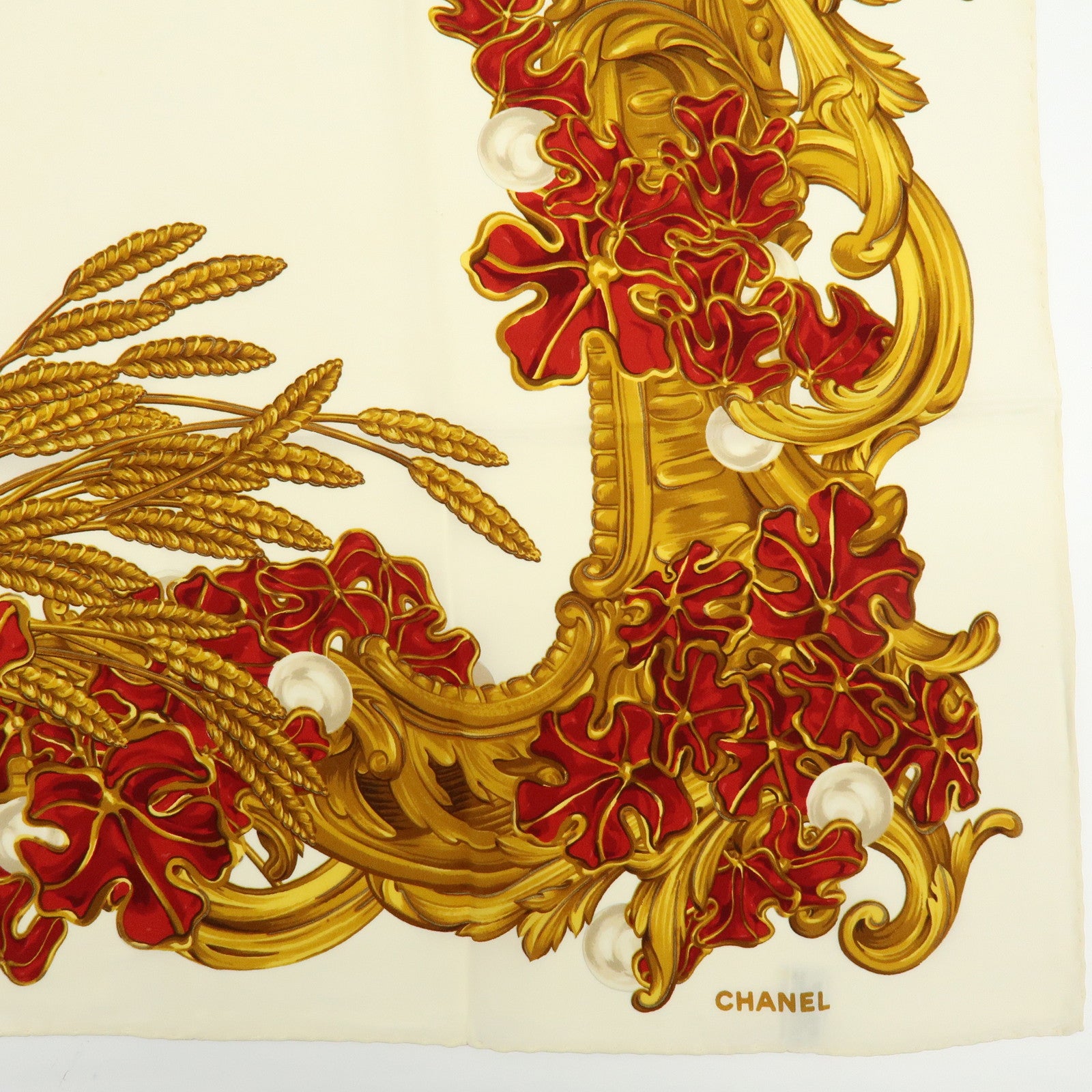 CHANEL Silk 100% Scarf Pearl Flower Motif Gold Red Ivory