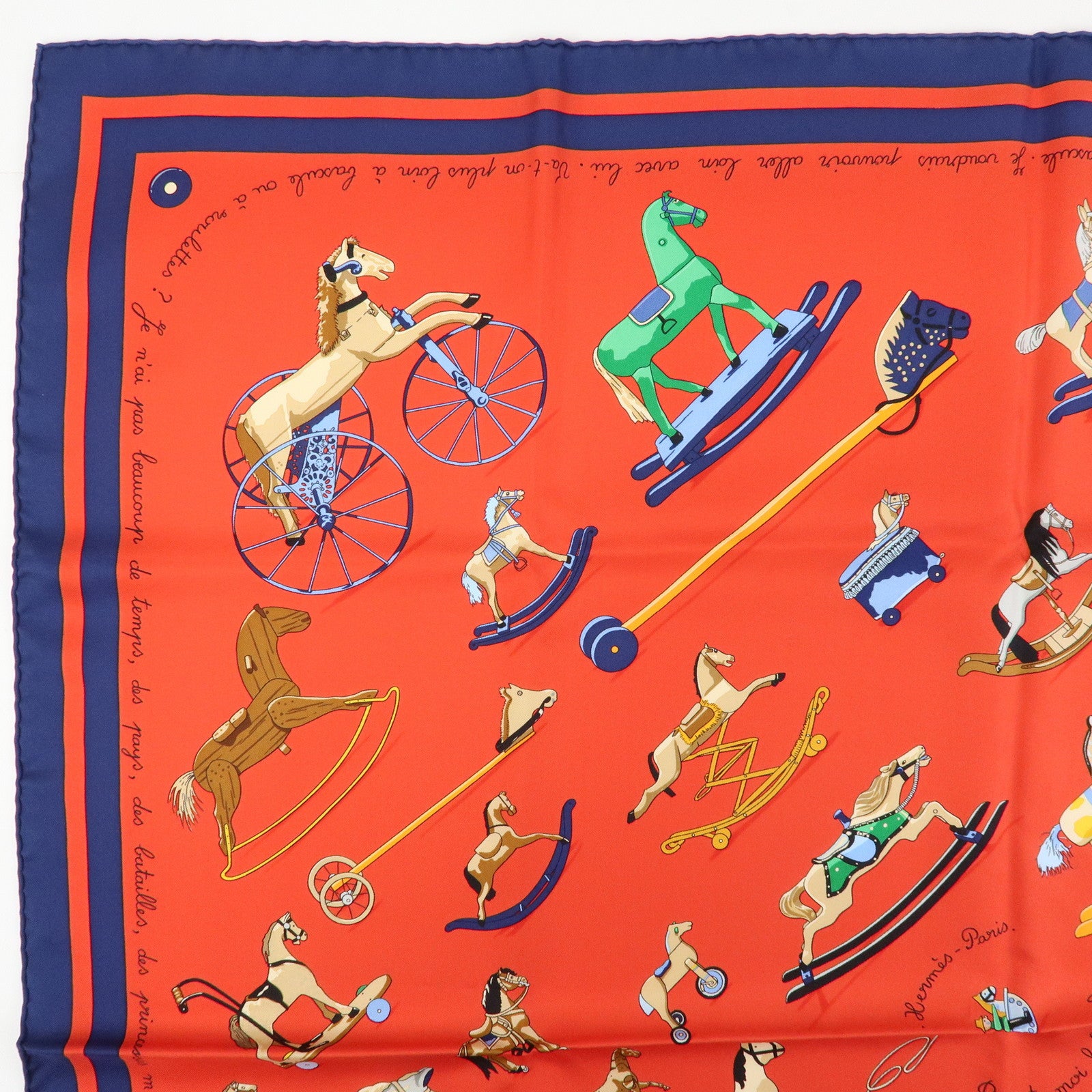 HERMES Carre 90 Silk 100% Scarf Raconte moi le cheval Red Navy