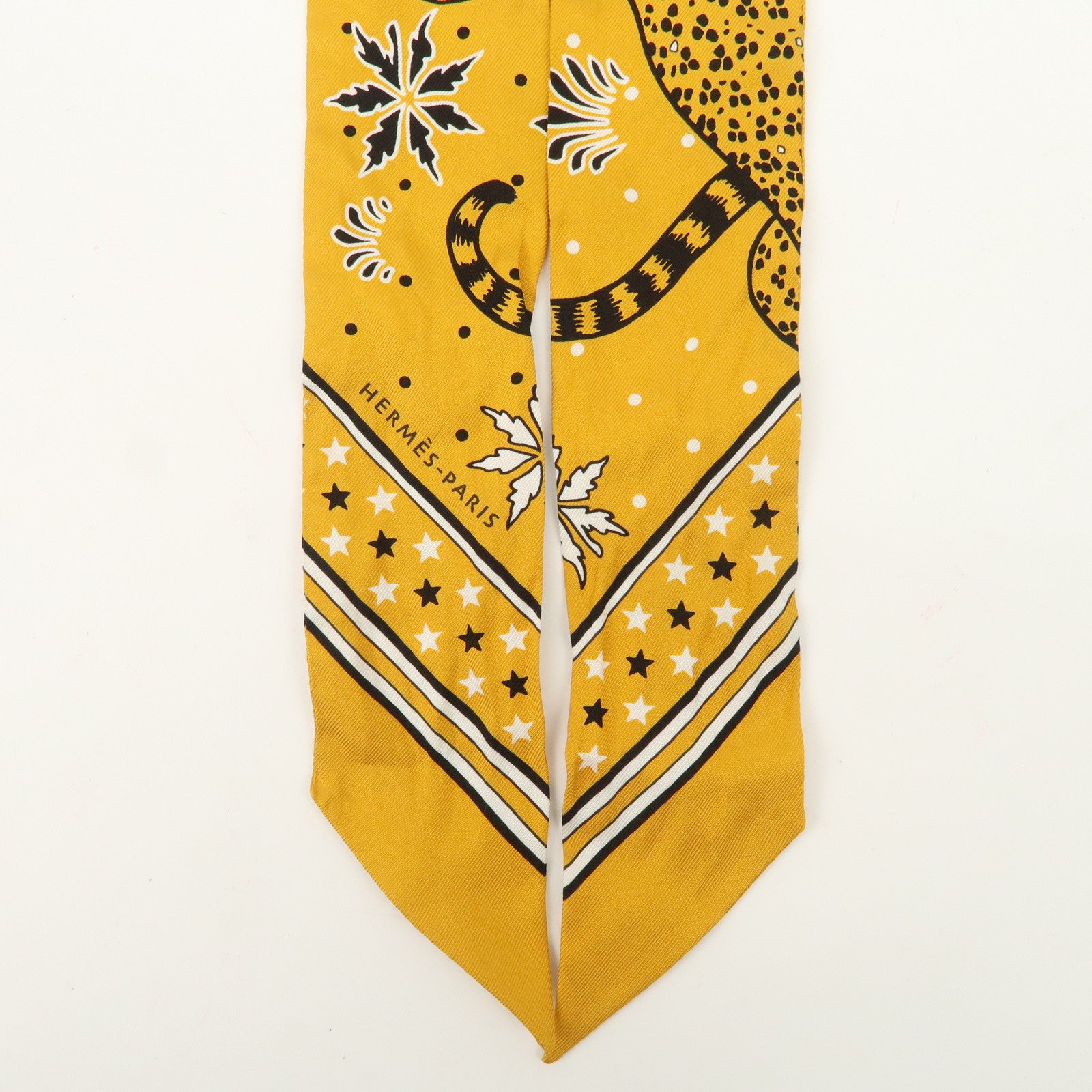 HERMES Silk 100% Twilly Scarf LES LEOPARDS Yellow Black White