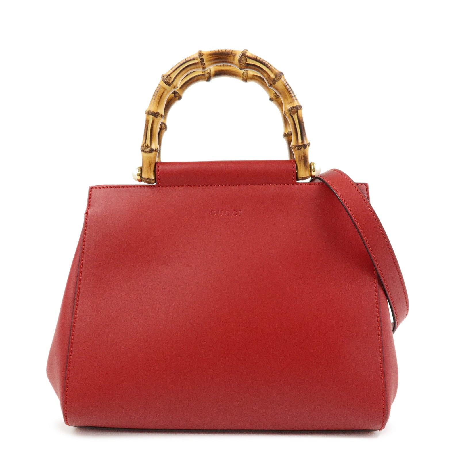 GUCCI Bamboo Nymphaea Leather 2Way Bag Hand Bag Red 453767
