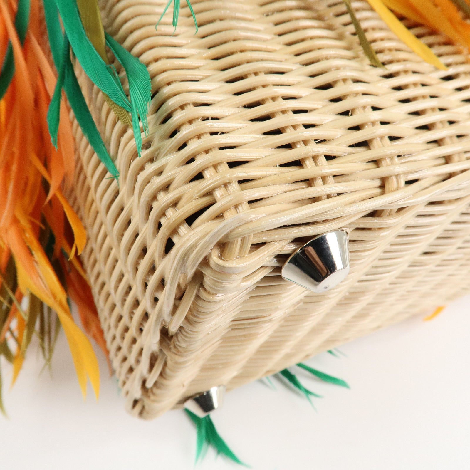 PRADA Wicker Canvas Basket Bag Beige Multicolor Silver HDW 1BG835