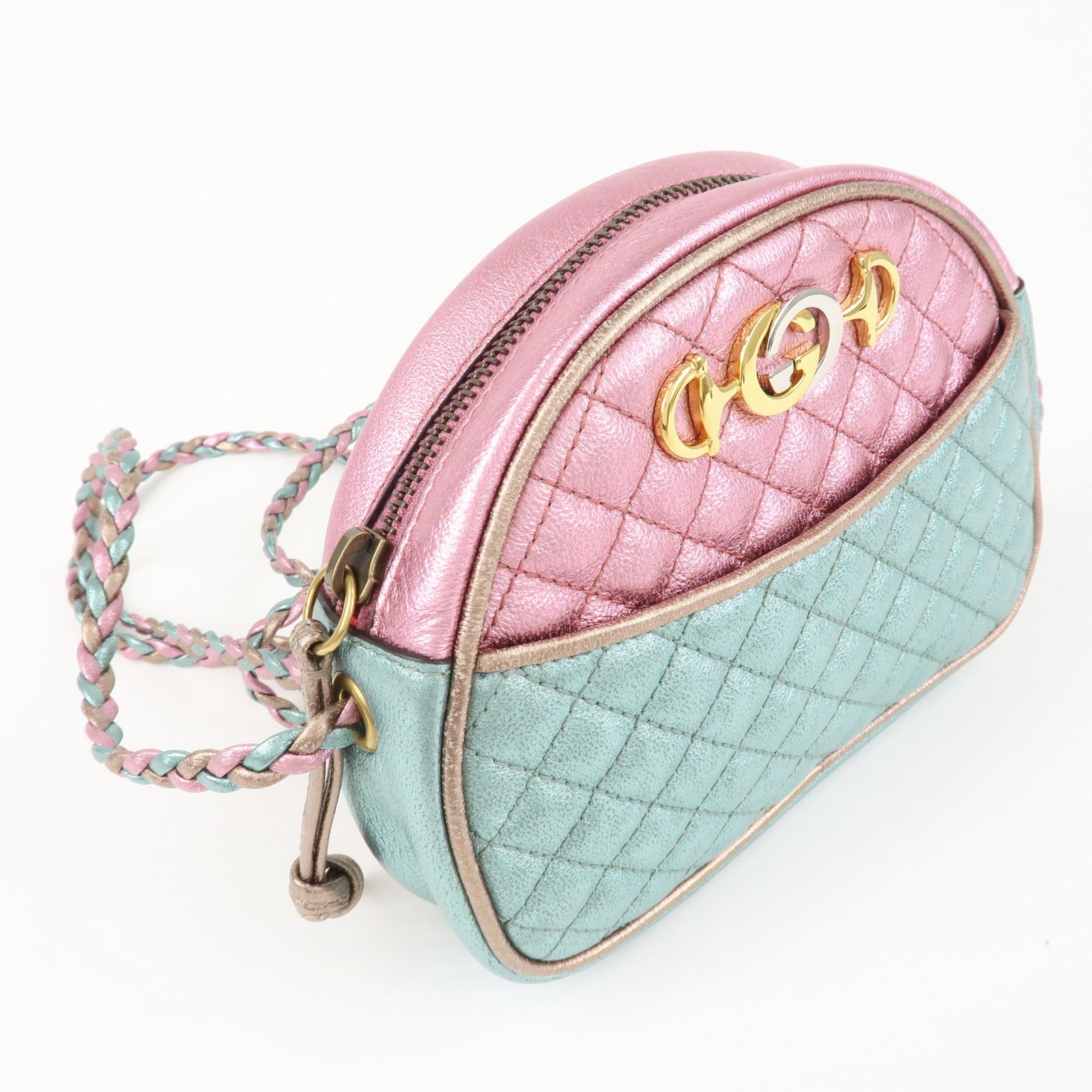 GUCCI Horsebit Leather Shoulder Bag Metallic Pink Blue 534951 Used