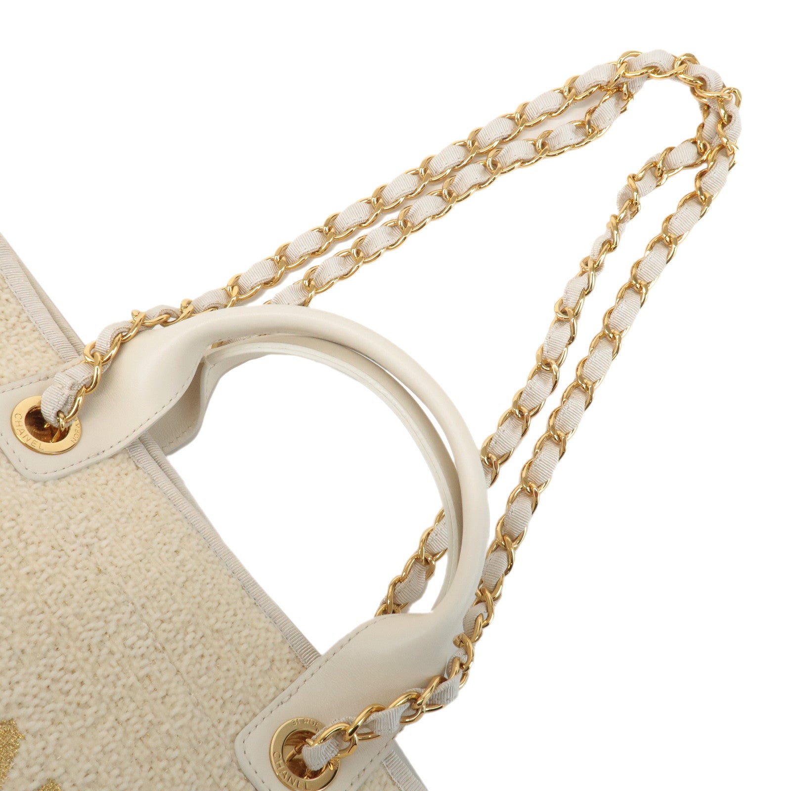 CHANEL Deauville 2Way Leather Tweed Tote Shoulder Bag Ivory Used