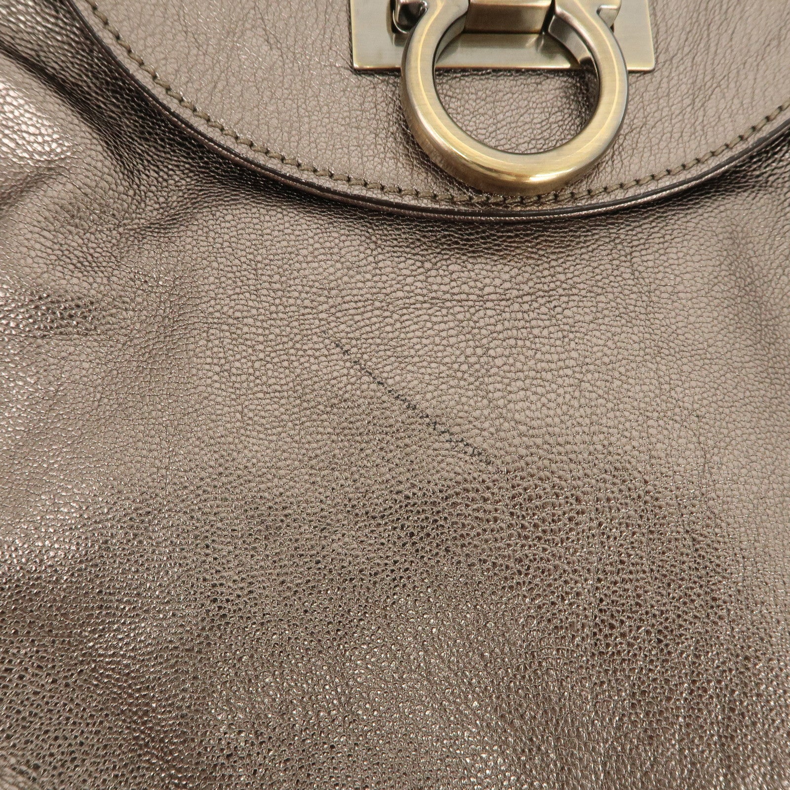 Ferragamo Gancini Leather Shoulder Bag Hand Bag Metallic Gray