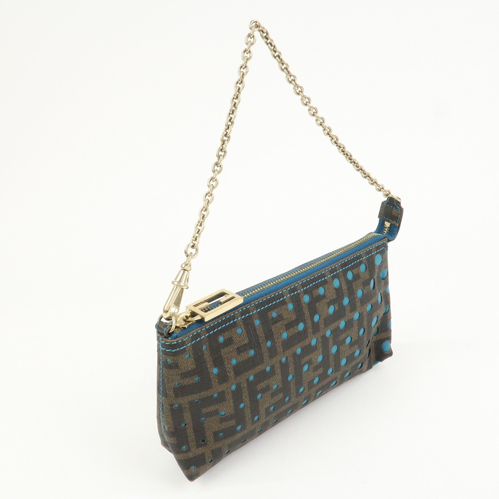 FENDI Zucca PVC Canvas Chain Accessory Pouch Brown Blue 8BR592