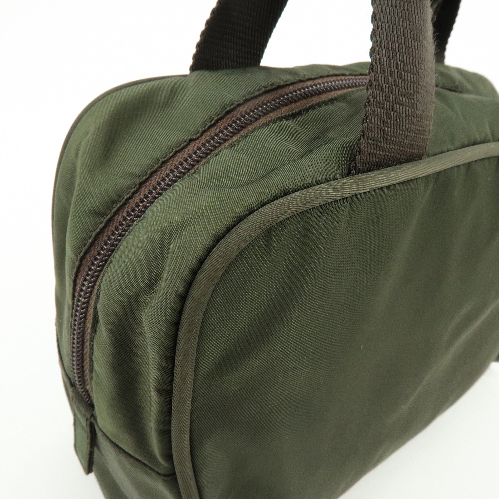 PRADA Triangle Logo Nylon Leather Hand Bag Tote Boston Bag Khaki