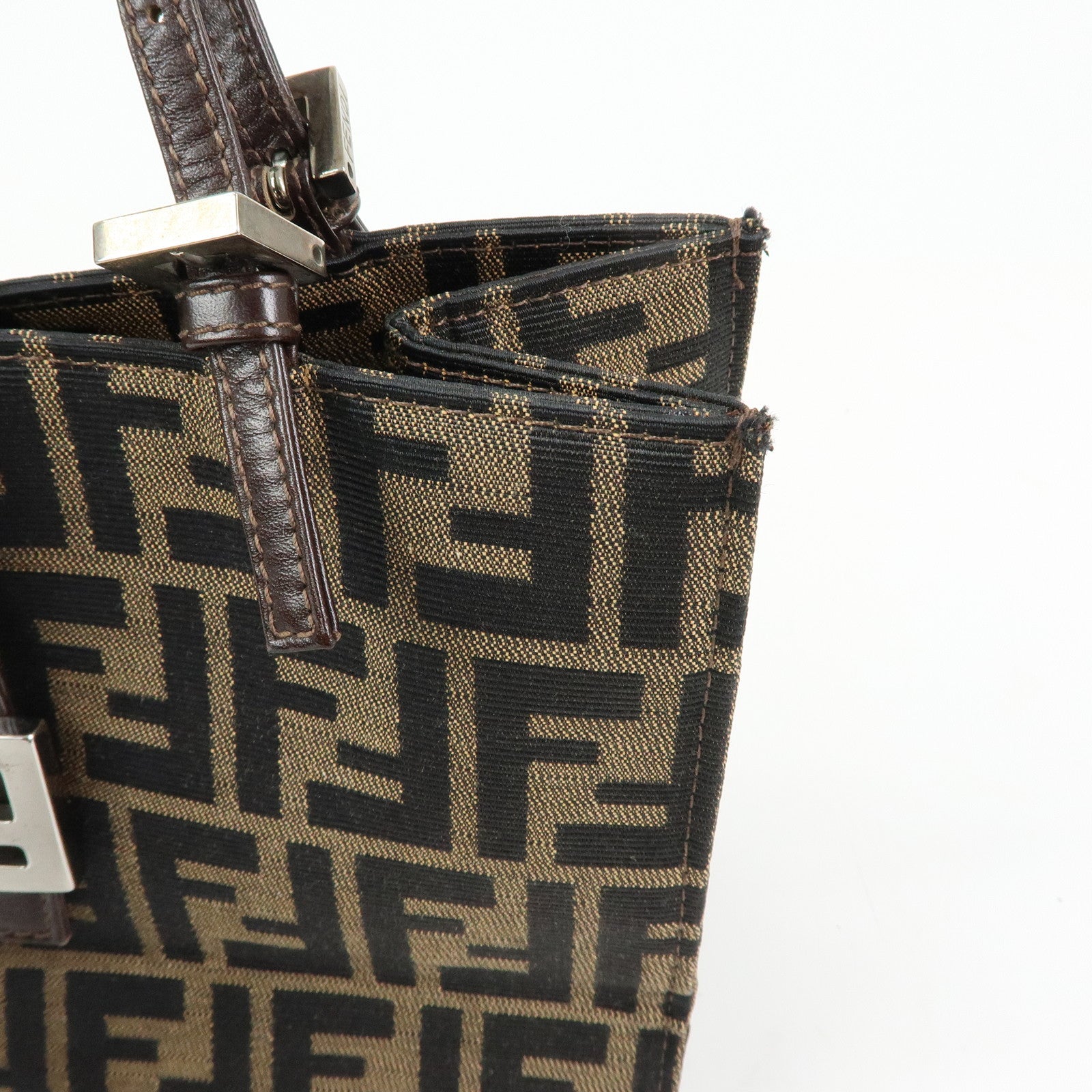 FENDI Zucca Canvas Leather Handbag Shoulder Bag Brown Black