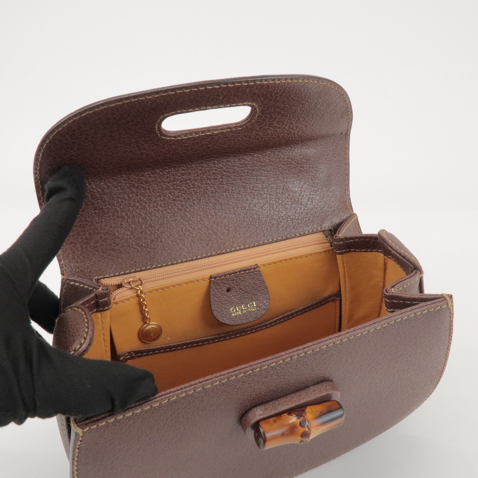 GUCCI Bamboo Leather 2Way Bag Hand Bag Shoulder Bag Brown 000 2040