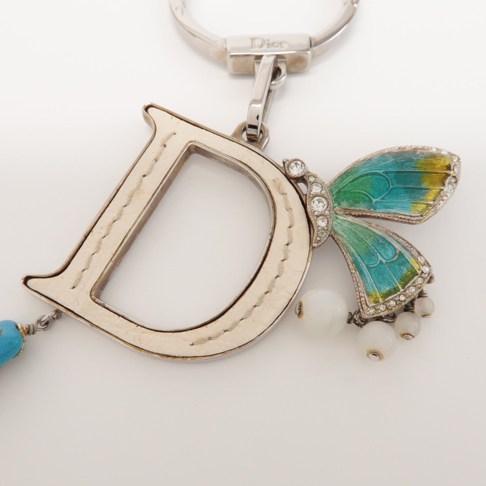 Christian Dior Metal Leather Butterfly Bag Charm Key Chain White