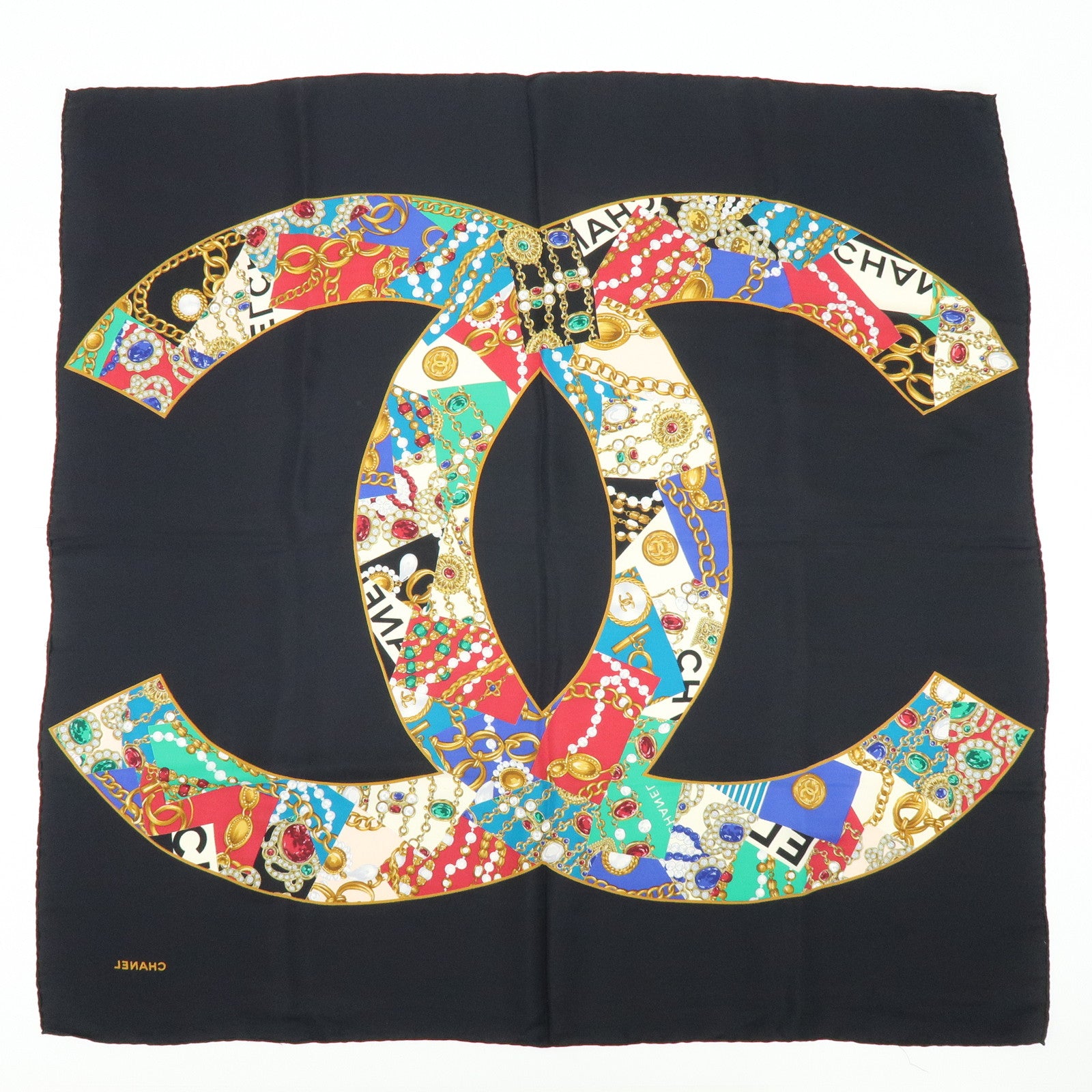 CHANEL COCO Mark Silk 100% Scarf Black Multicolor