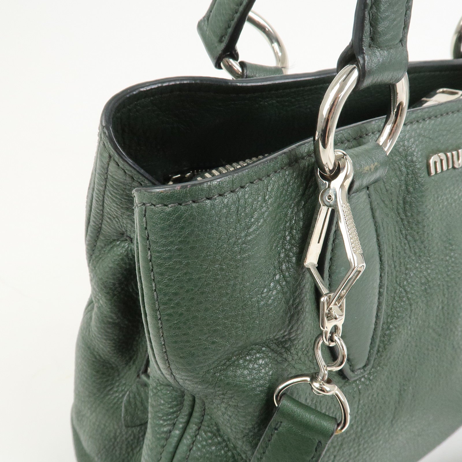 MIU MIU Logo Leather 2Way Bag Hand Bag Shoulder Bag Moss Green