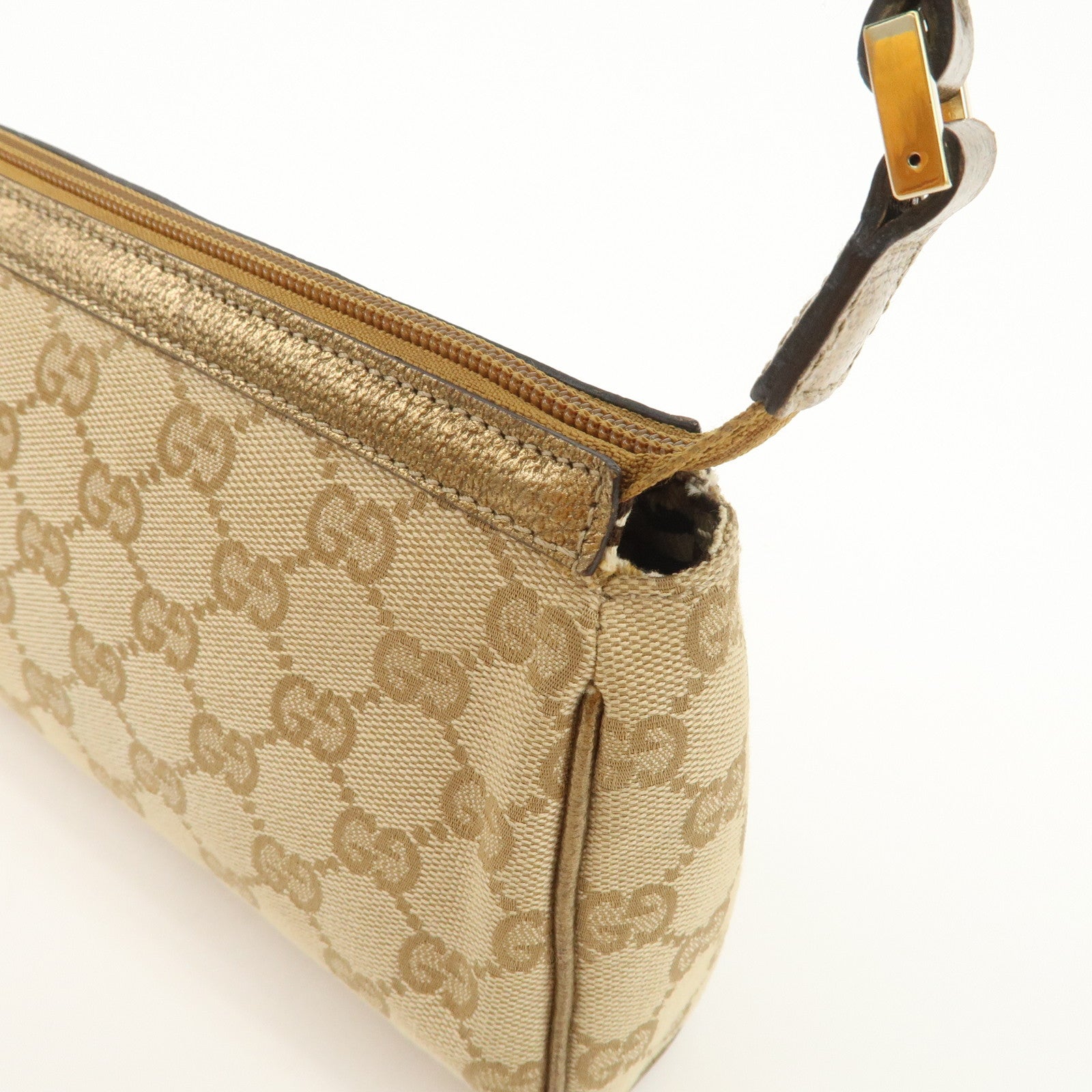 GUCCI Abbey GG Canvas Leather Pouch Hand Bag Beige Gold 145750