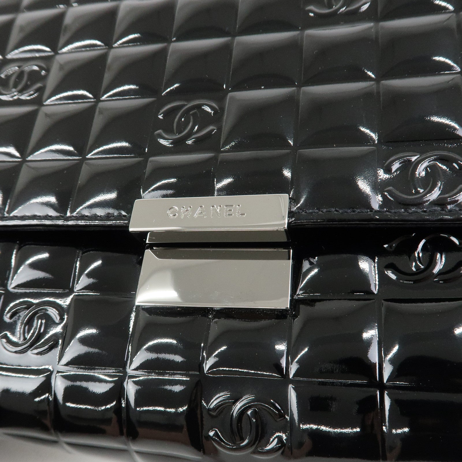 CHANEL Chocolate Bar COCO Mark Patent Leather Hand Bag Black
