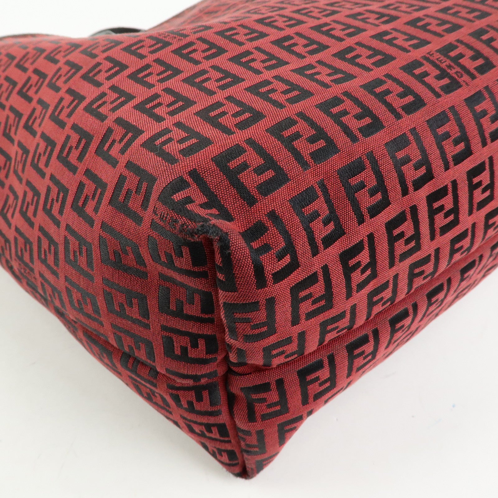 FENDI Zucchino Canvas Leather Tote Bag Hand Bag Red Black 8BH005