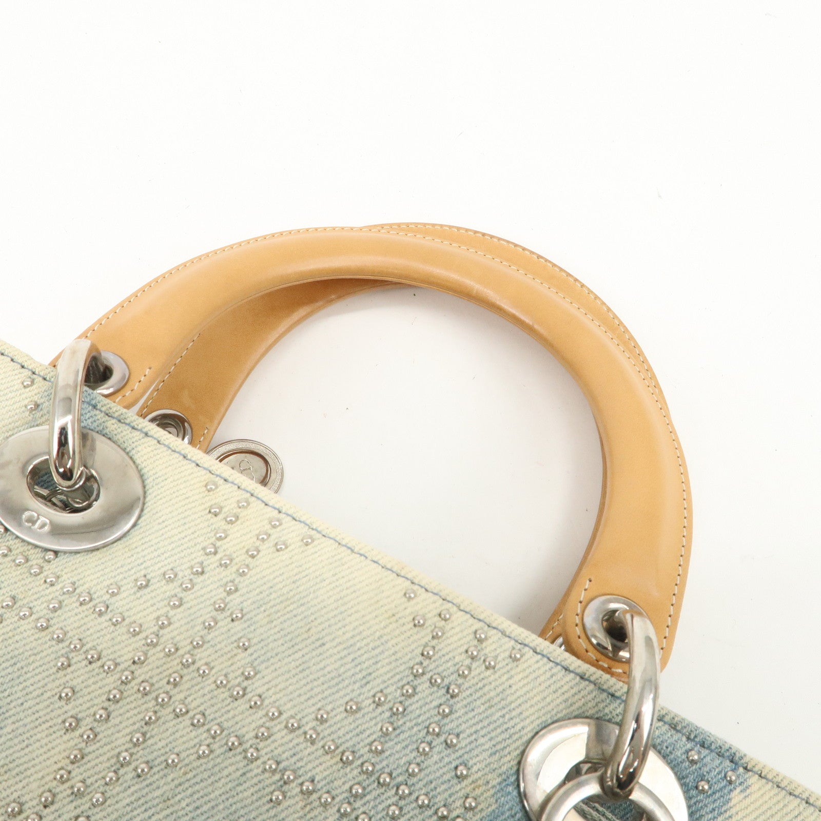 Christian Dior Cannage Leather Denim 2 Way Tote Bag Studs Beige Blue